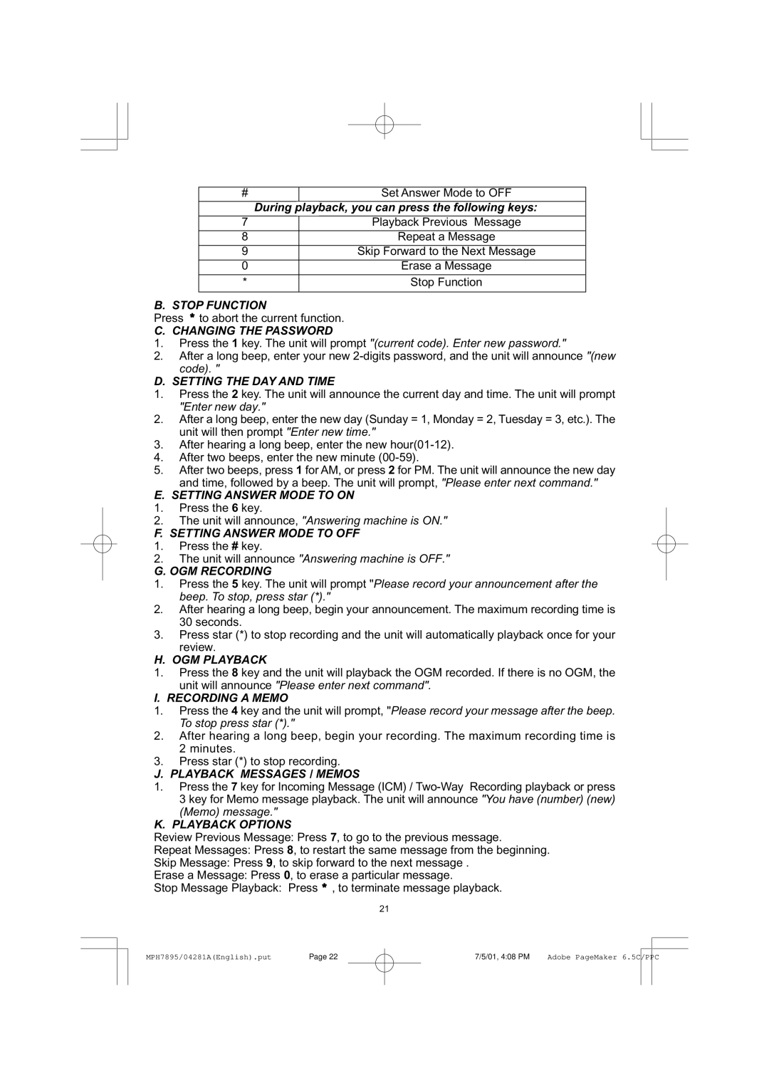 Memorex MPH7895 Stop Function, Changing the Password, Setting the DAY and Time, Setting Answer Mode to on, OGM Recording 