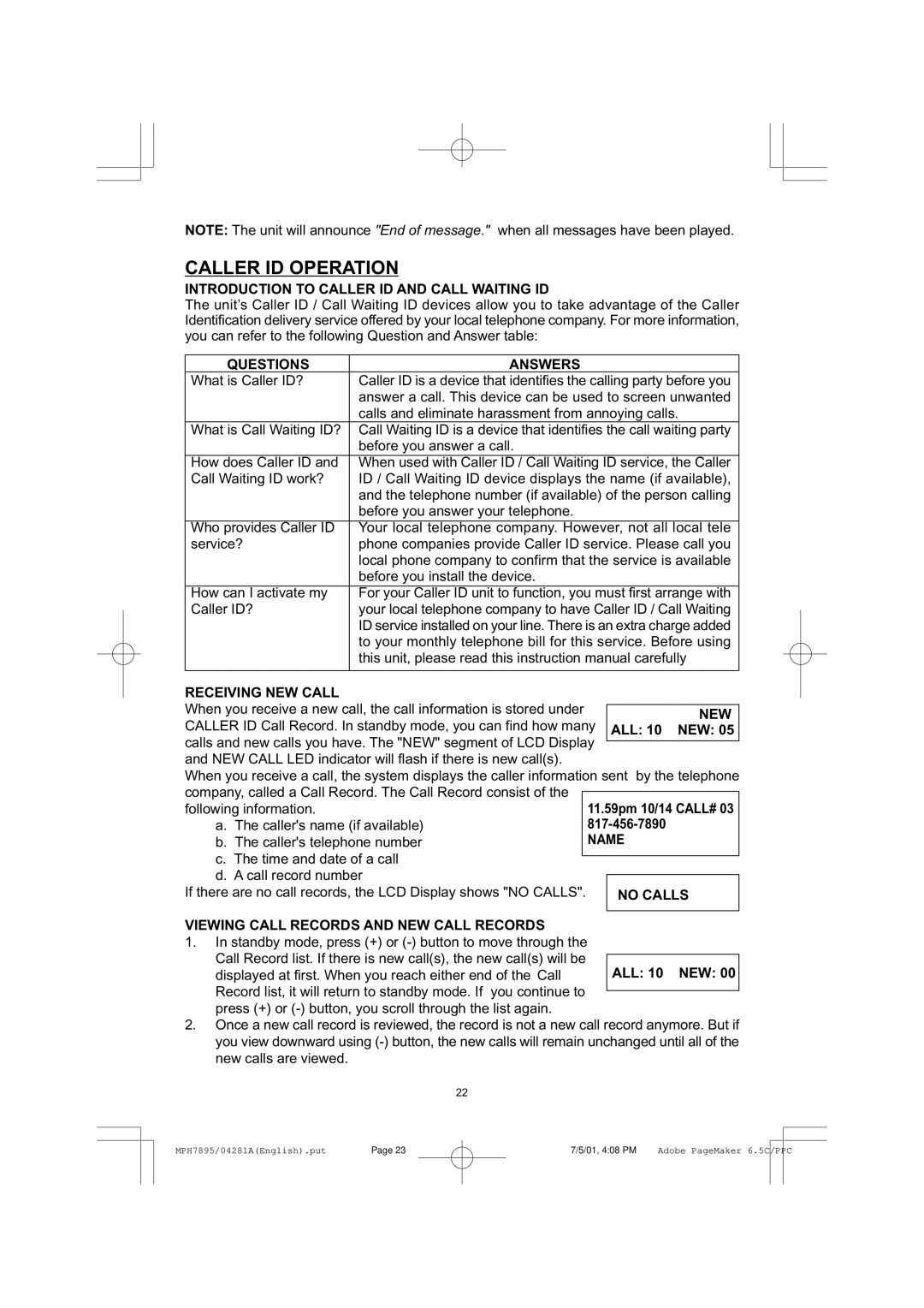 Memorex MPH7895 Caller ID Operation, Introduction to Caller ID and Call Waiting ID, Questions Answers, Receiving NEW Call 