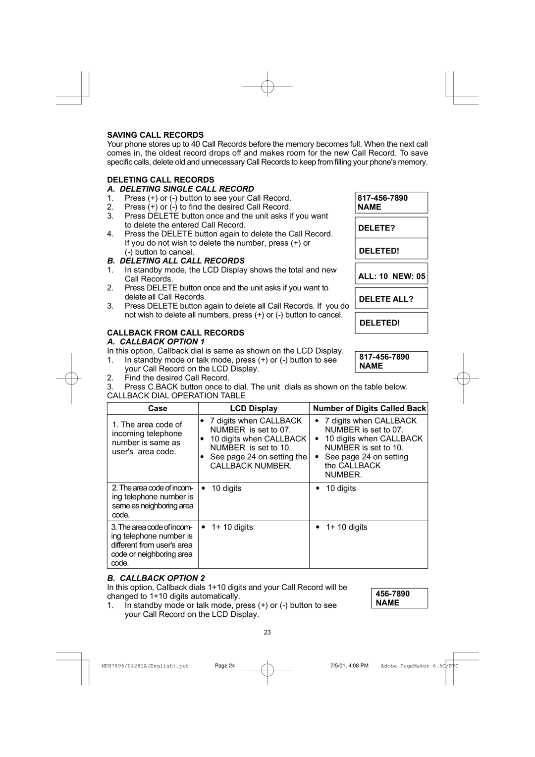 Memorex MPH7895 manual Deleting Single Call Record, Deleting ALL Call Records, Callback Option 