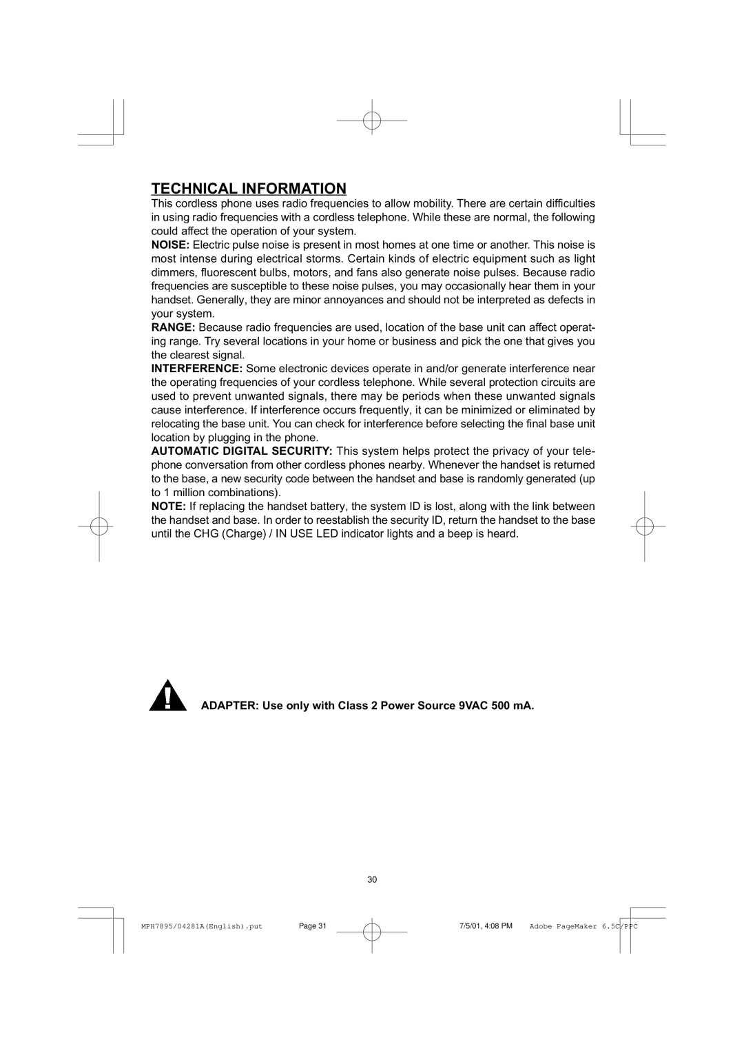 Memorex MPH7895 manual Technical Information, Adapter Use only with Class 2 Power Source 9VAC 500 mA 