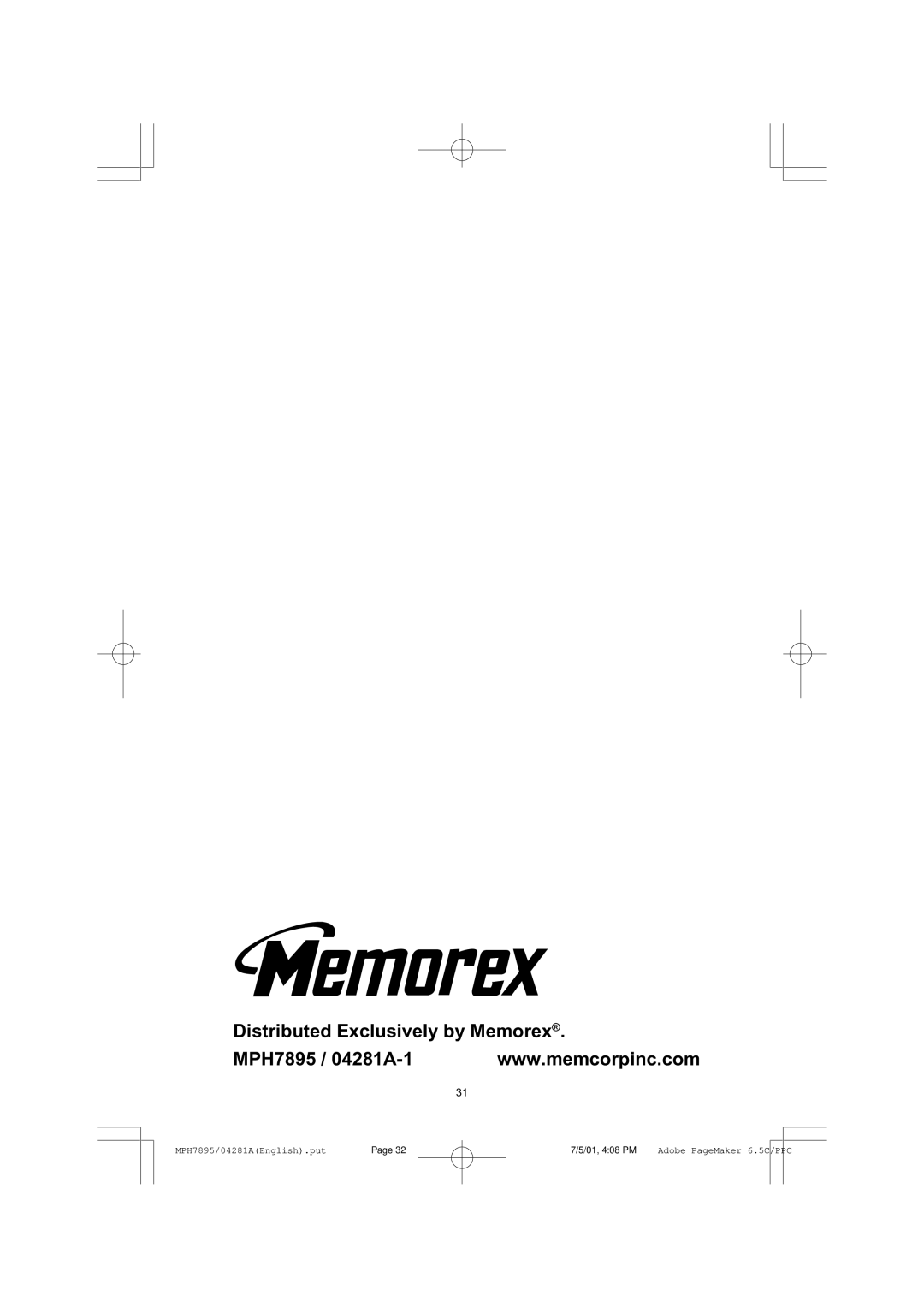 Memorex manual Distributed Exclusively by Memorex MPH7895 / 04281A-1 