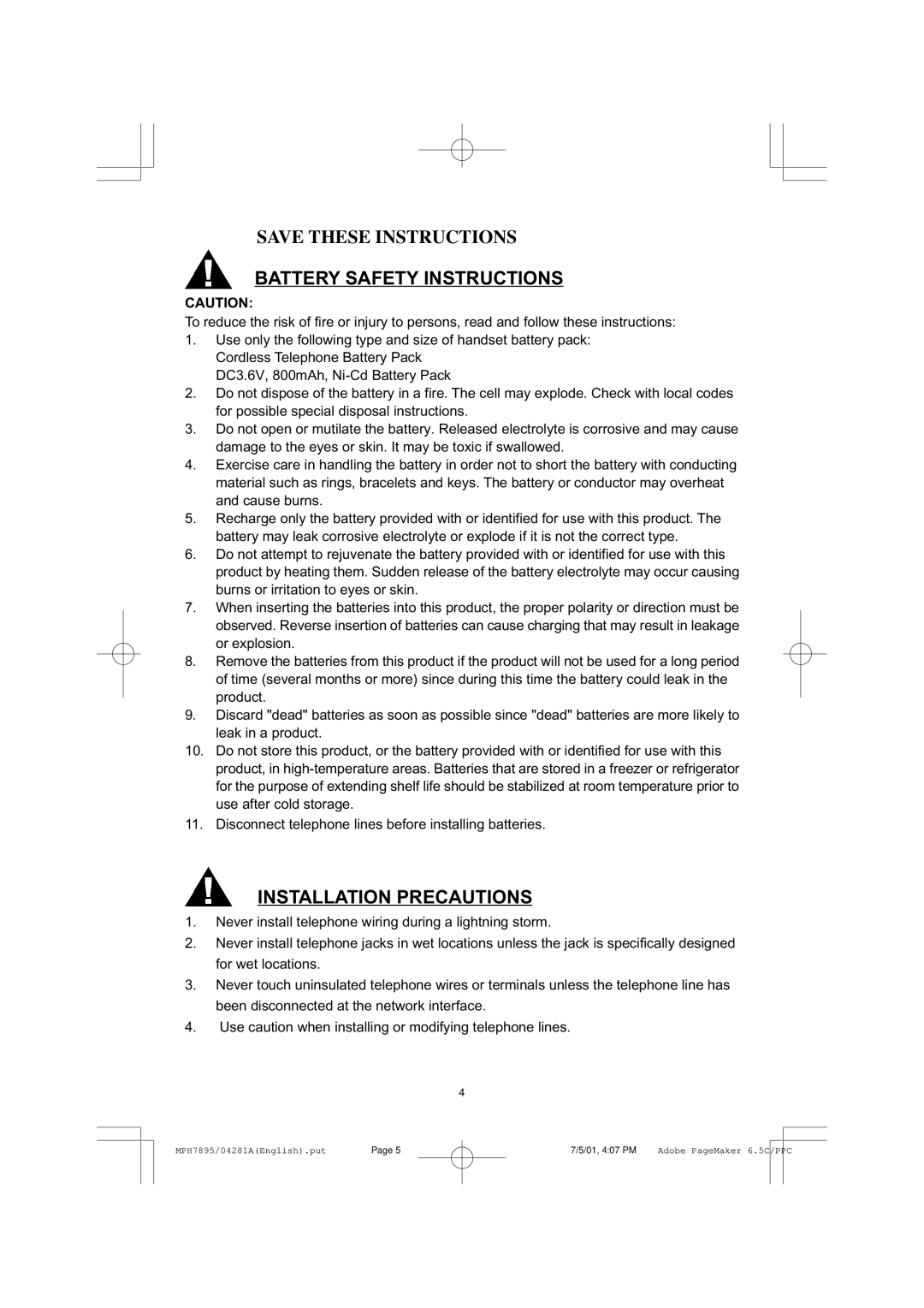 Memorex MPH7895 manual Battery Safety Instructions, Installation Precautions 