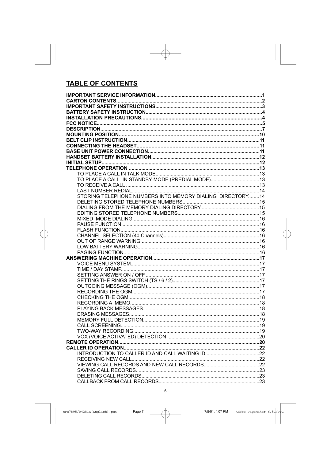 Memorex MPH7895 manual Table of Contents 