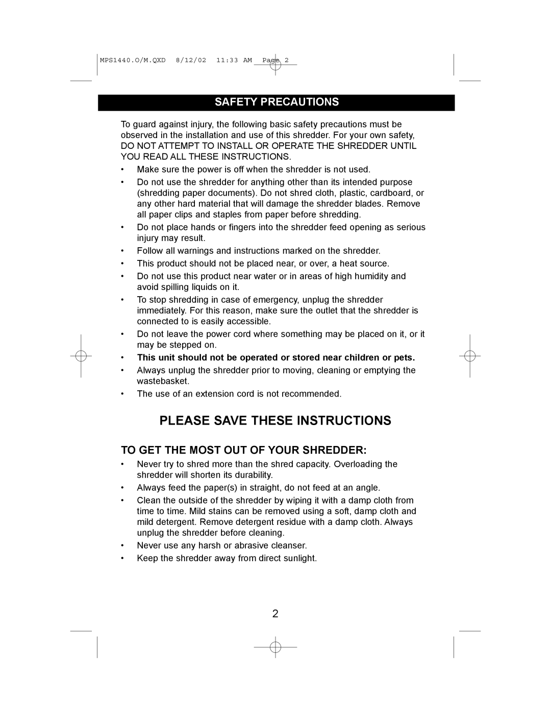 Memorex MPS1440 manual Please Save These Instructions, To GET the Most OUT of Your Shredder 