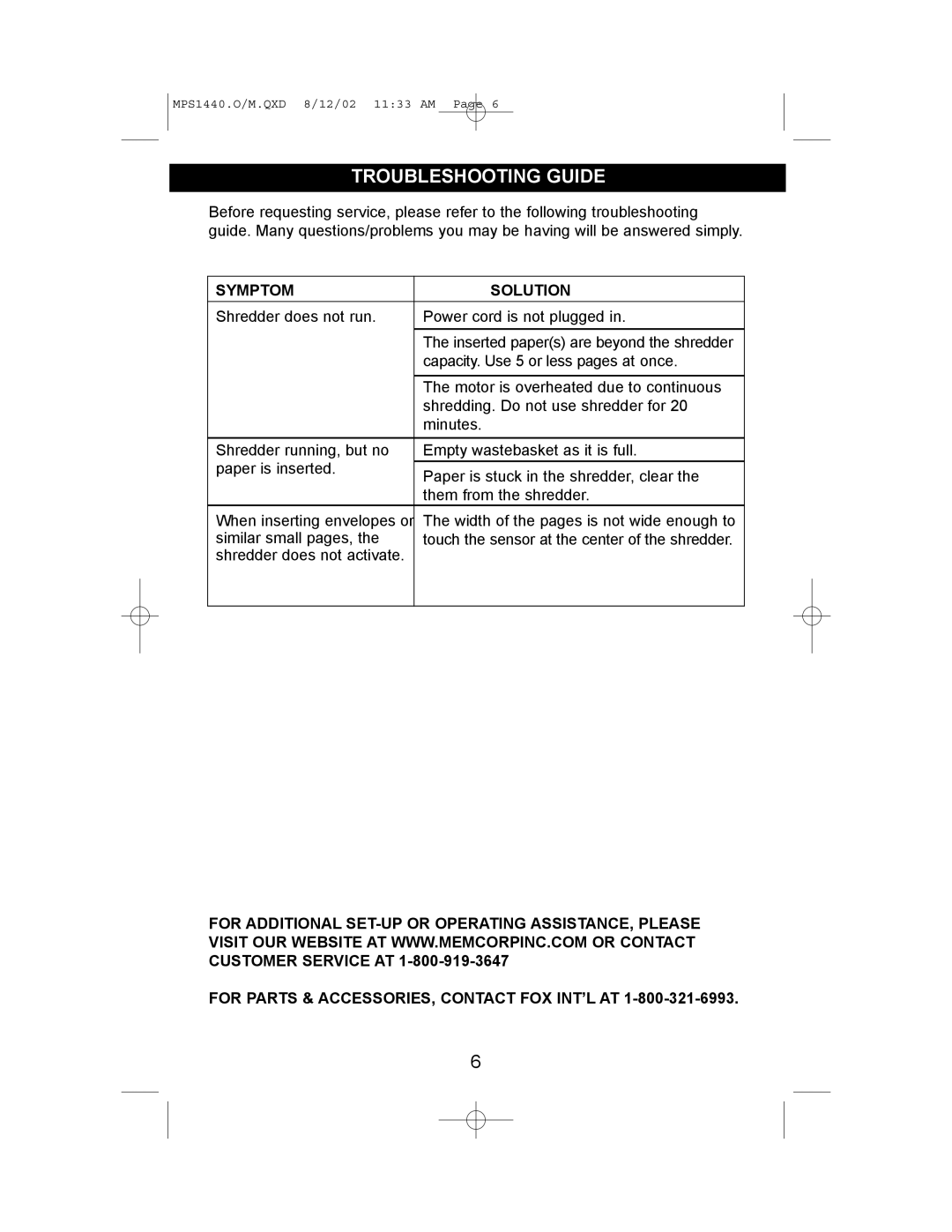 Memorex MPS1440 manual Troubleshooting Guide, Symptom Solution, For Parts & ACCESSORIES, Contact FOX INT’L AT 