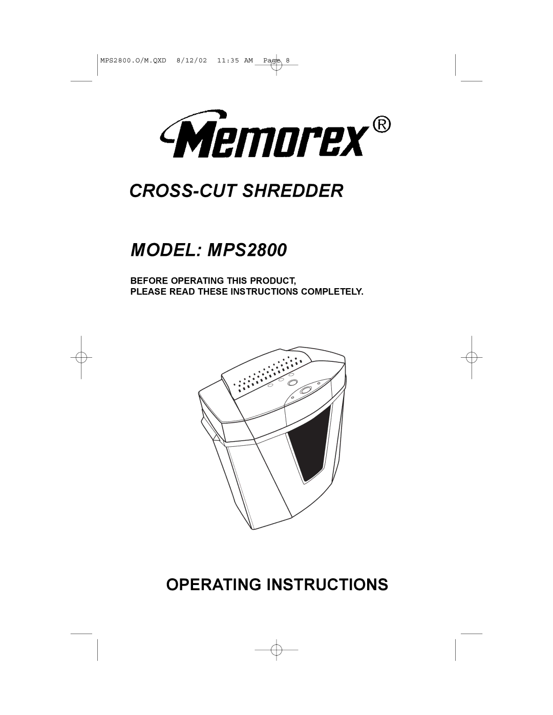 Memorex manual CROSS-CUT Shredder Model MPS2800 