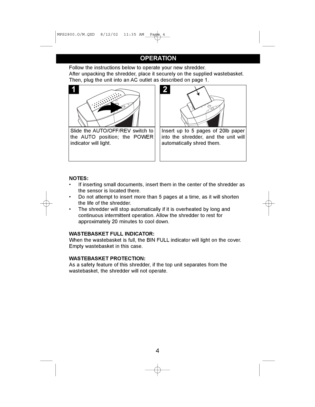 Memorex MPS2800 manual Operation, Wastebasket Full Indicator, Wastebasket Protection 