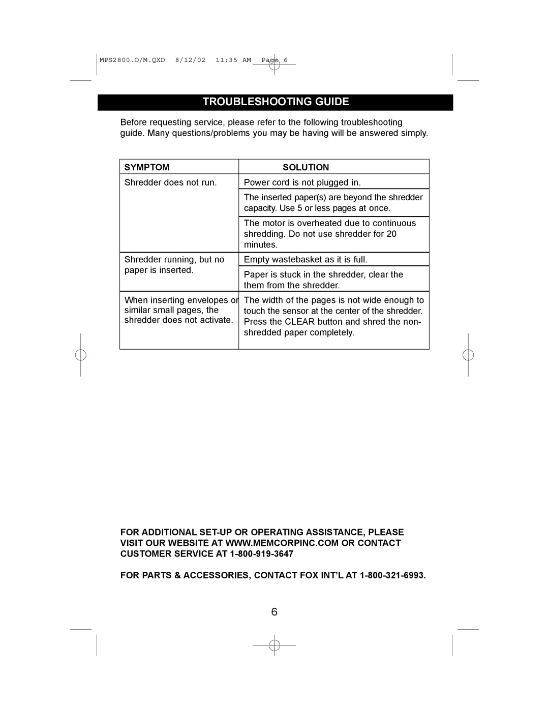 Memorex MPS2800 manual Troubleshooting Guide, Symptom Solution, For Parts & ACCESSORIES, Contact FOX INT’L AT 