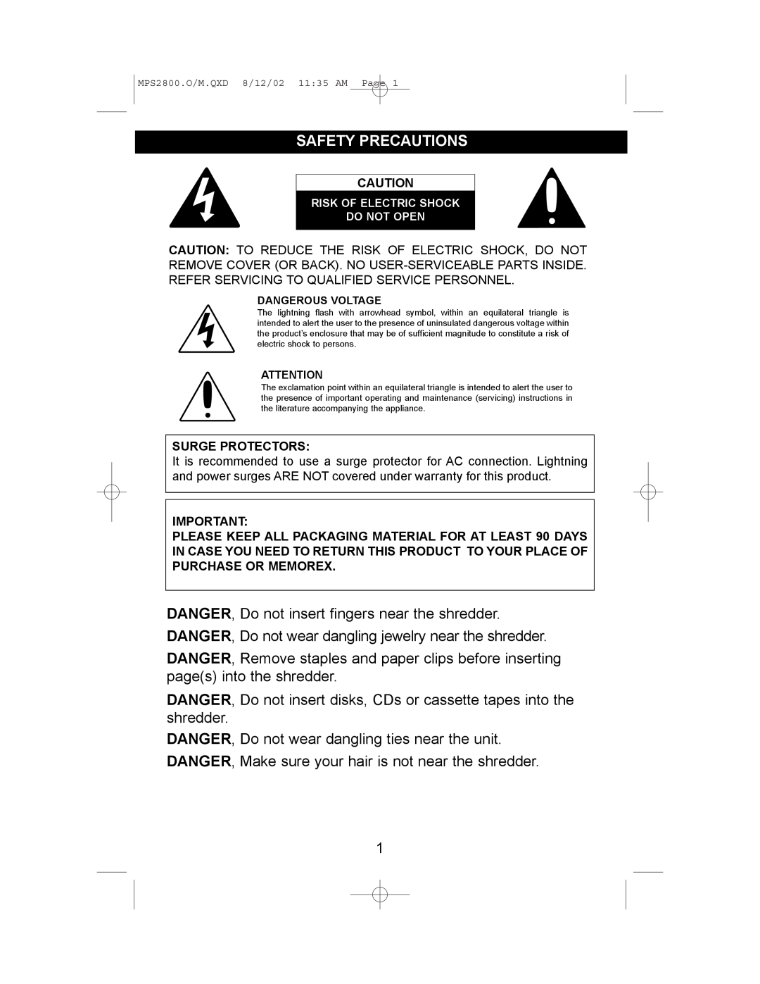 Memorex MPS2800 manual Safety Precautions 