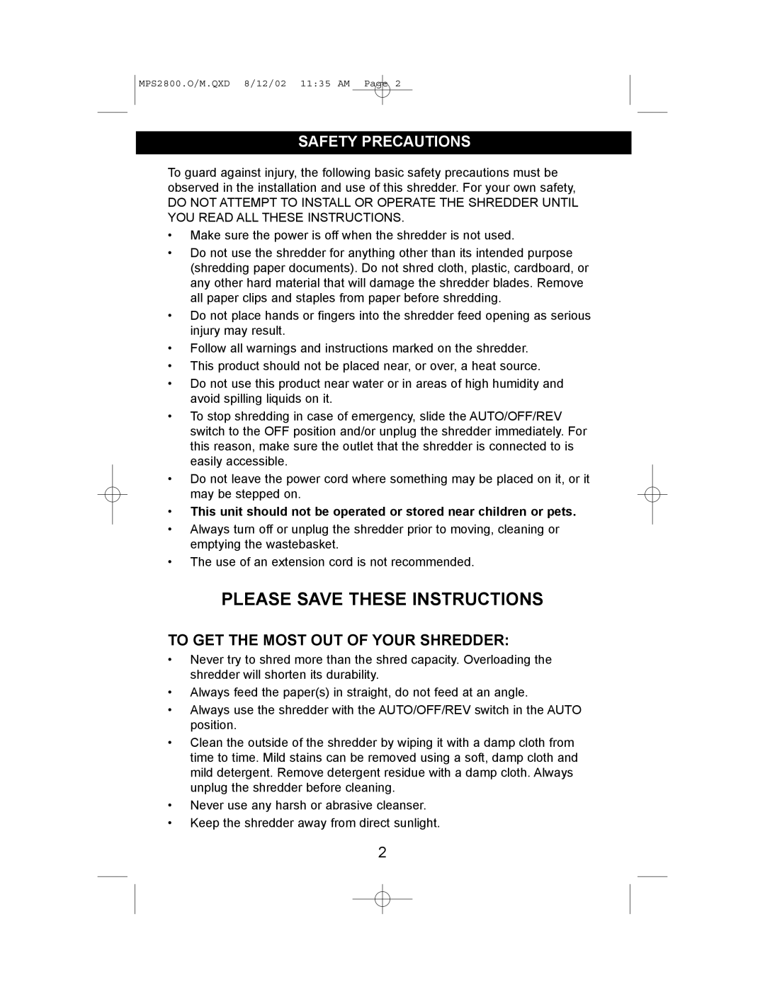 Memorex MPS2800 manual Please Save These Instructions, Safety Precautions, To Get The Most Out Of Your Shredder 