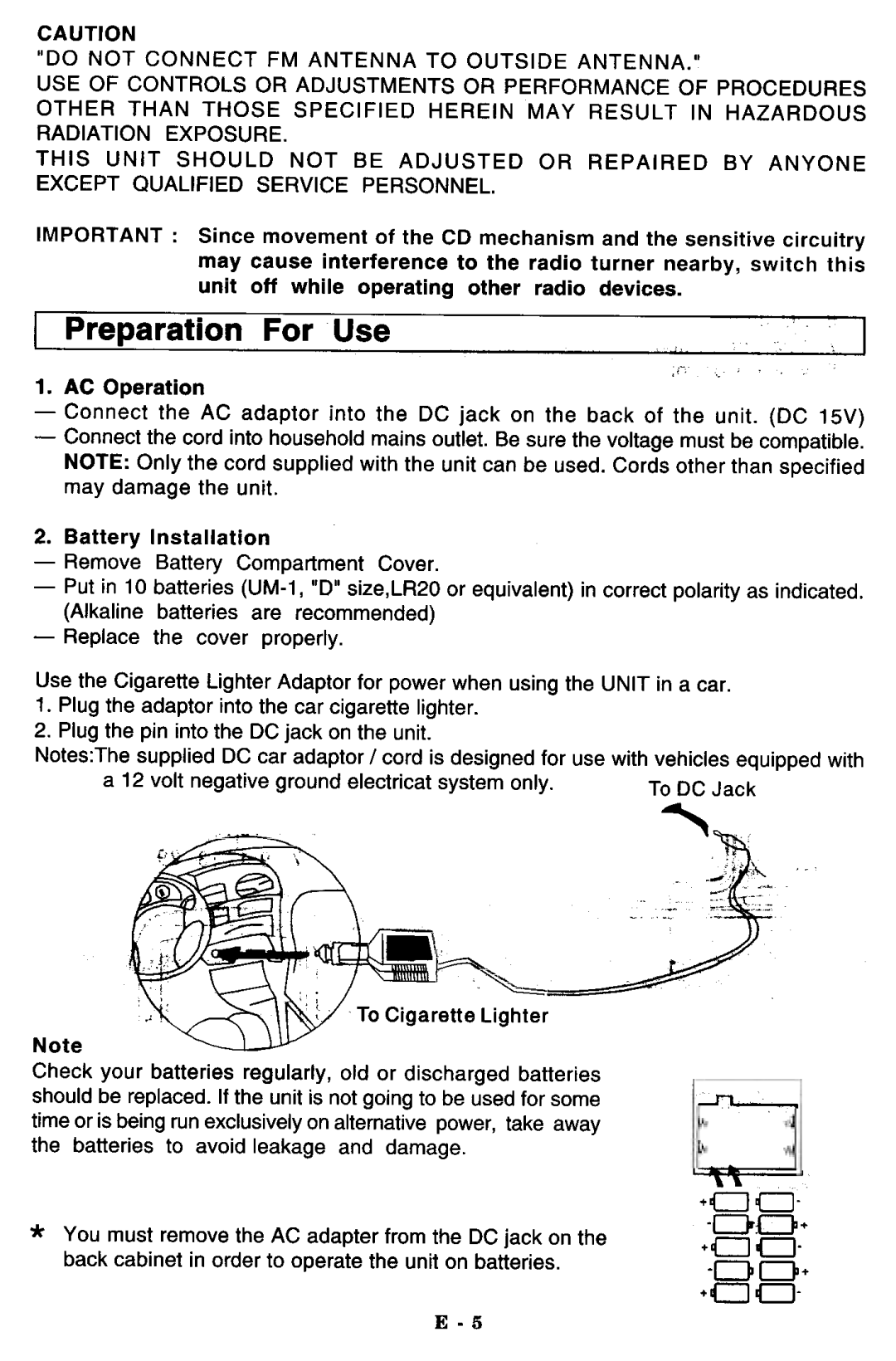 Memorex MPT -3460 manual Preparation For Use, Battery Installation, This Unit should not be Adjusted or Repaired by Anyone 