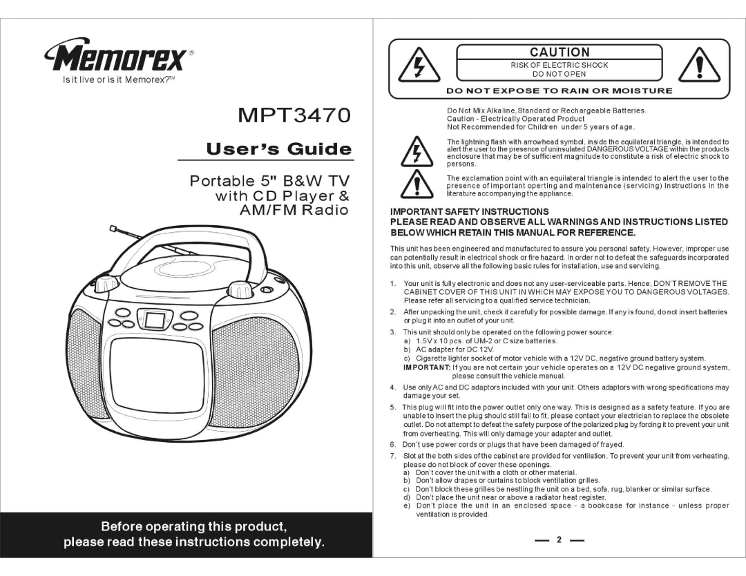 Memorex MPT3470 manual 