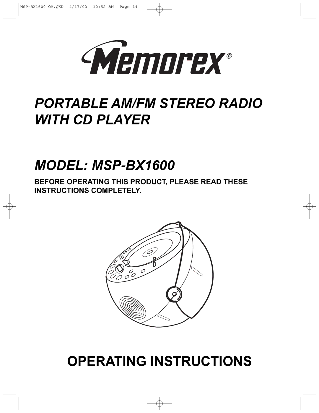 Memorex operating instructions Portable AM/FM Stereo Radio with CD Player Model MSP-BX1600 