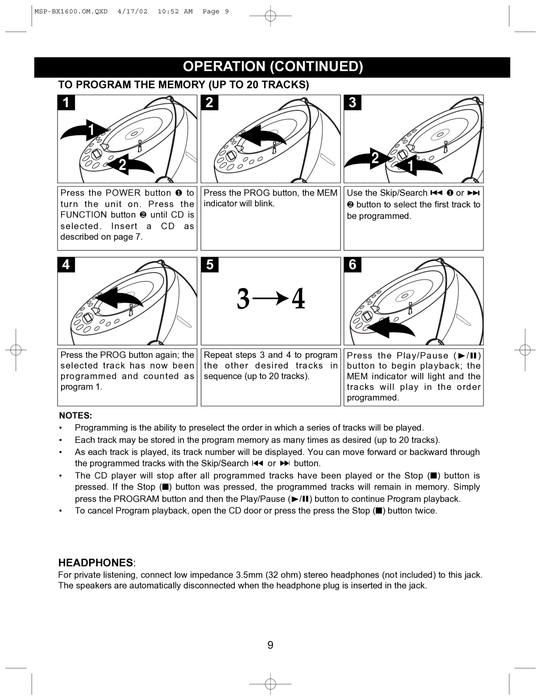 Memorex MSP-BX1600 operating instructions To Program the Memory UP to 20 Tracks, Headphones 