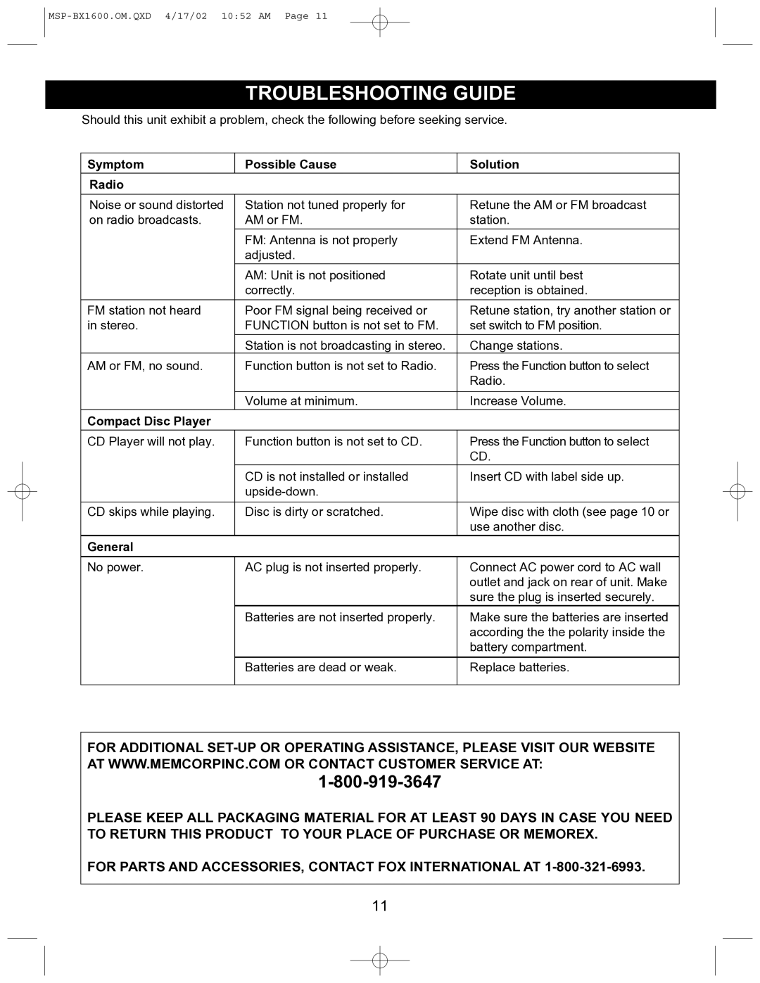 Memorex MSP-BX1600 Troubleshooting Guide, Symptom Possible Cause Solution Radio, Compact Disc Player, General 