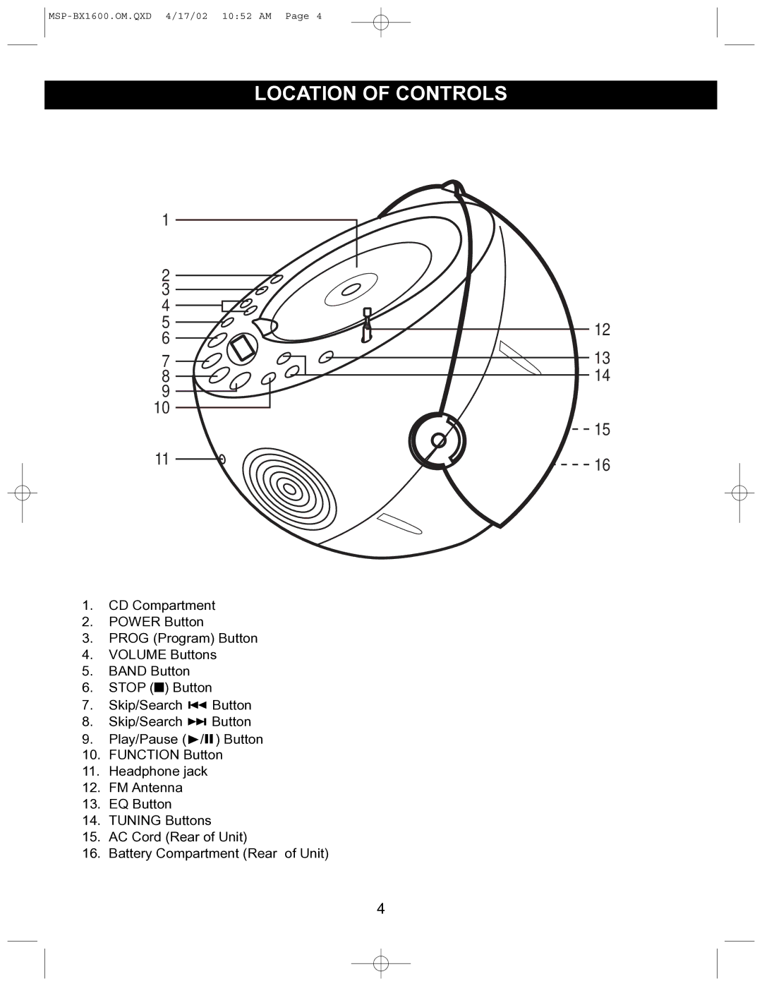 Memorex MSP-BX1600 operating instructions Location of Controls 