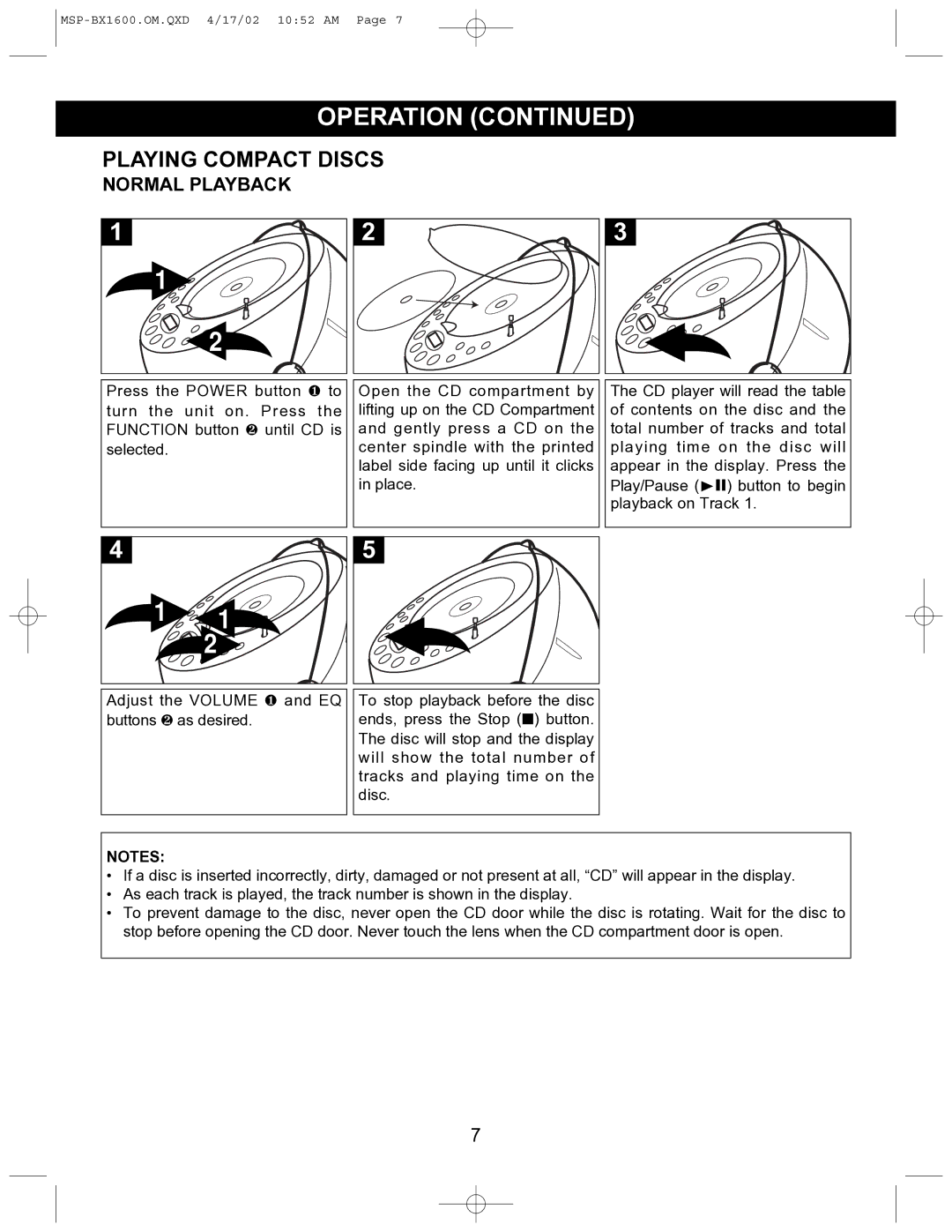 Memorex MSP-BX1600 operating instructions Playing Compact Discs, Normal Playback 