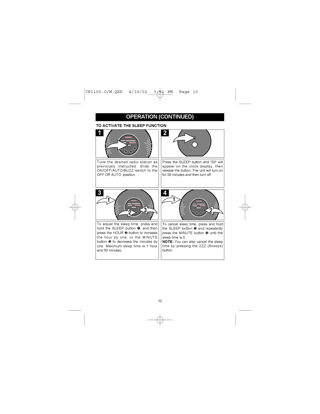 Memorex MSP-CR1100 operating instructions To Activate the Sleep Function 