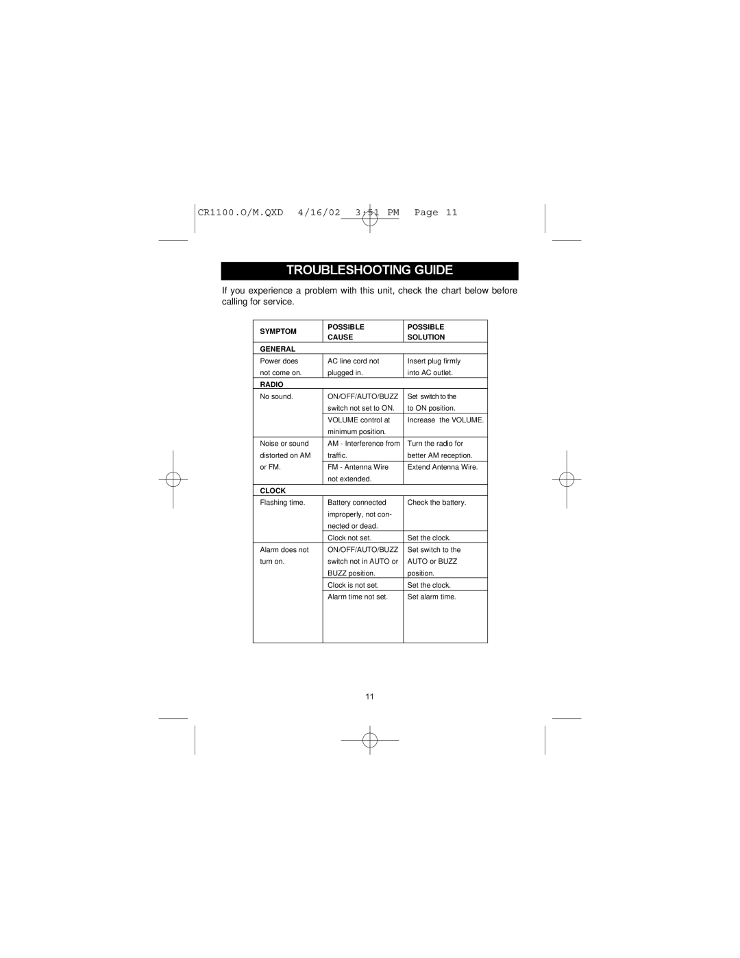 Memorex MSP-CR1100 operating instructions Troubleshooting Guide, Radio 