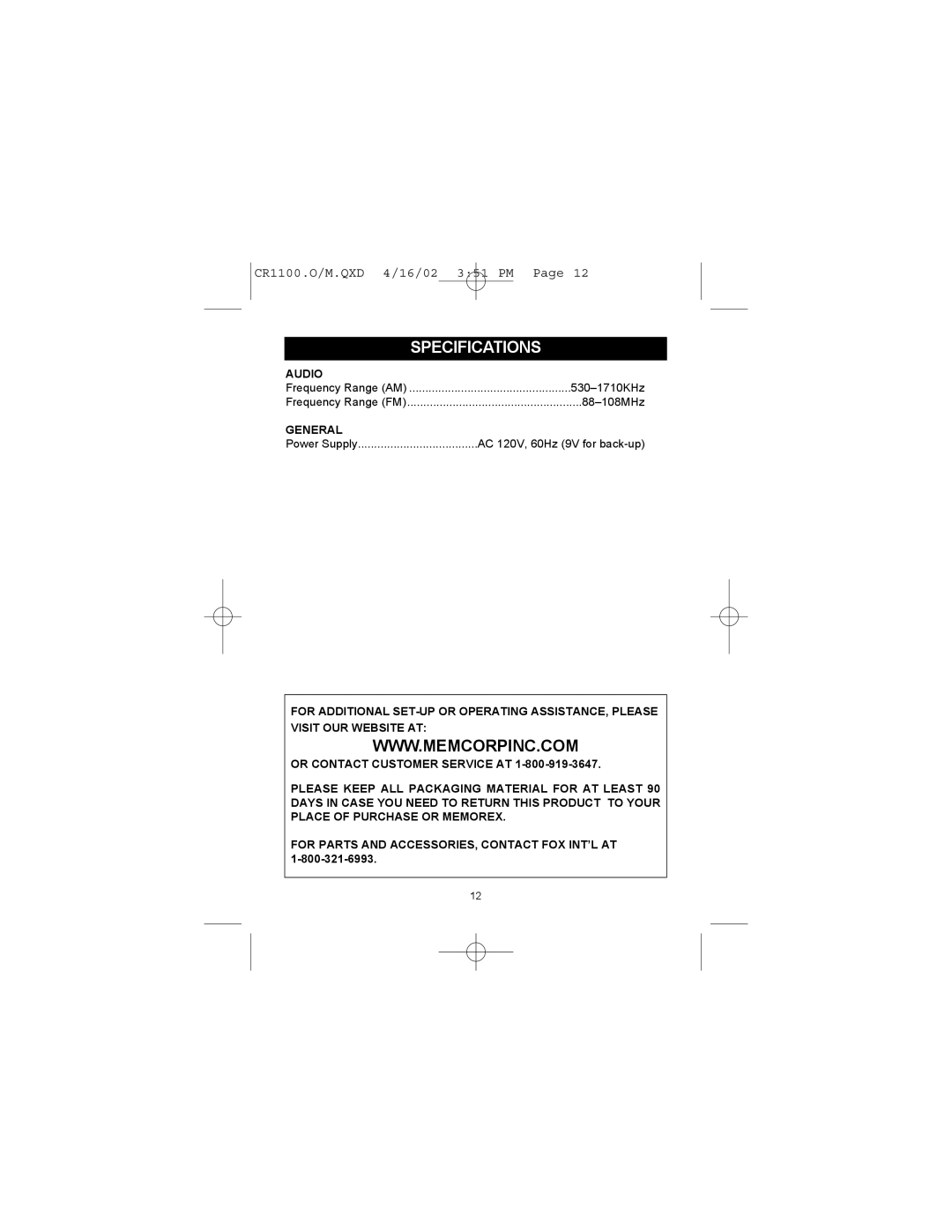 Memorex MSP-CR1100 operating instructions Specifications, Audio, General 