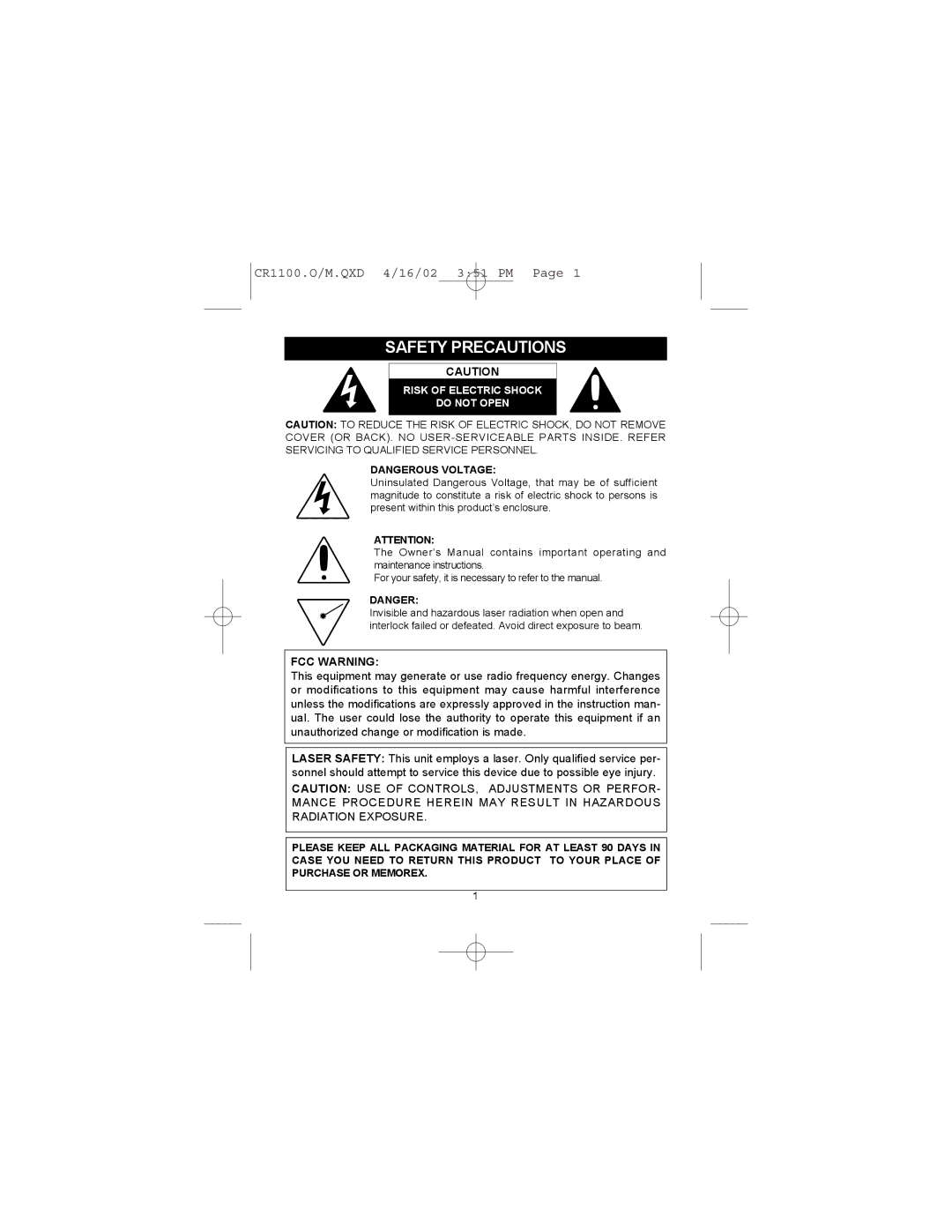 Memorex MSP-CR1100 operating instructions Safety Precautions, FCC Warning 