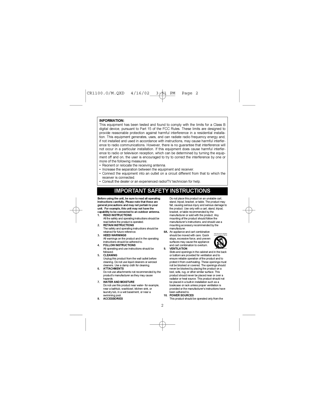 Memorex MSP-CR1100 operating instructions Important Safety Instructions, Information 