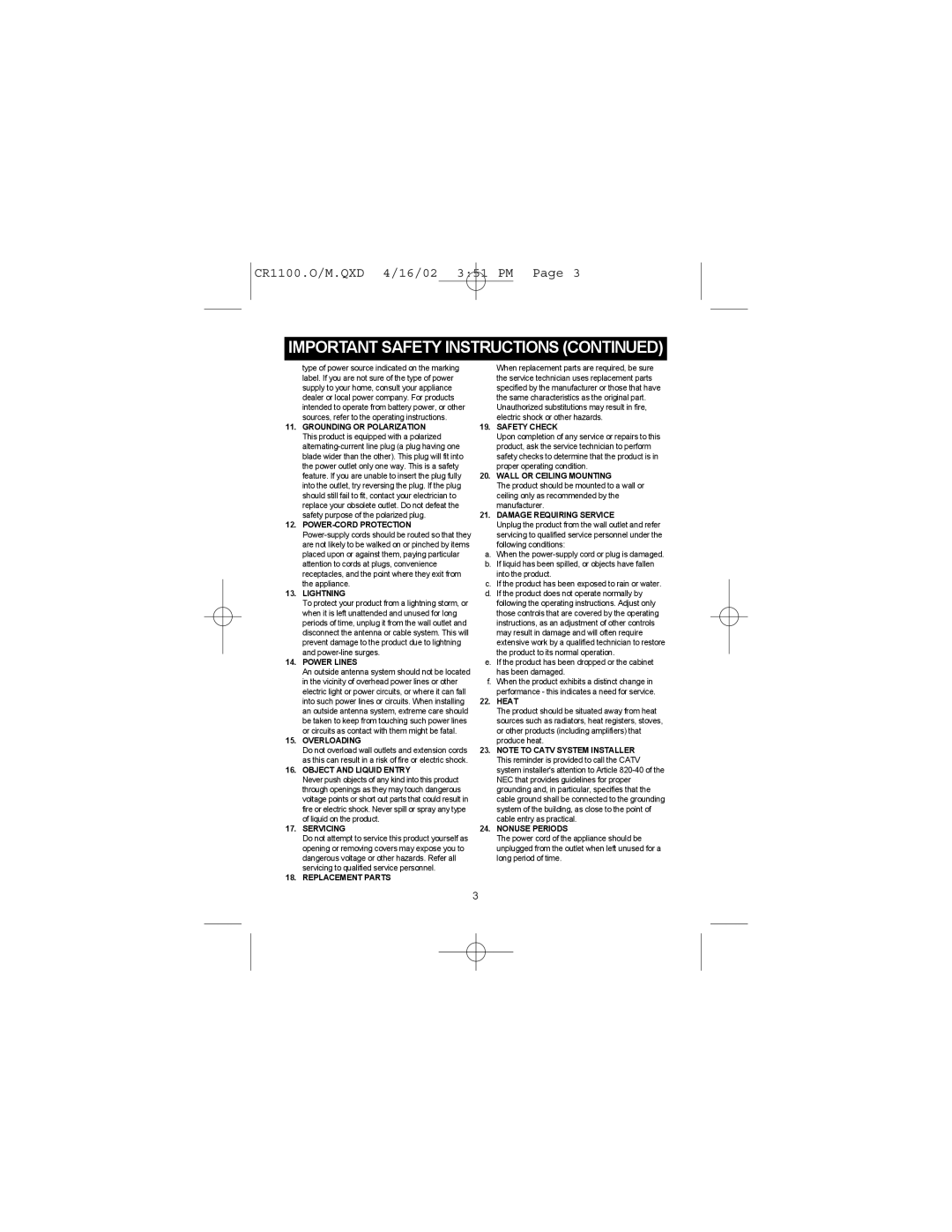 Memorex MSP-CR1100 operating instructions Wall or Ceiling Mounting 