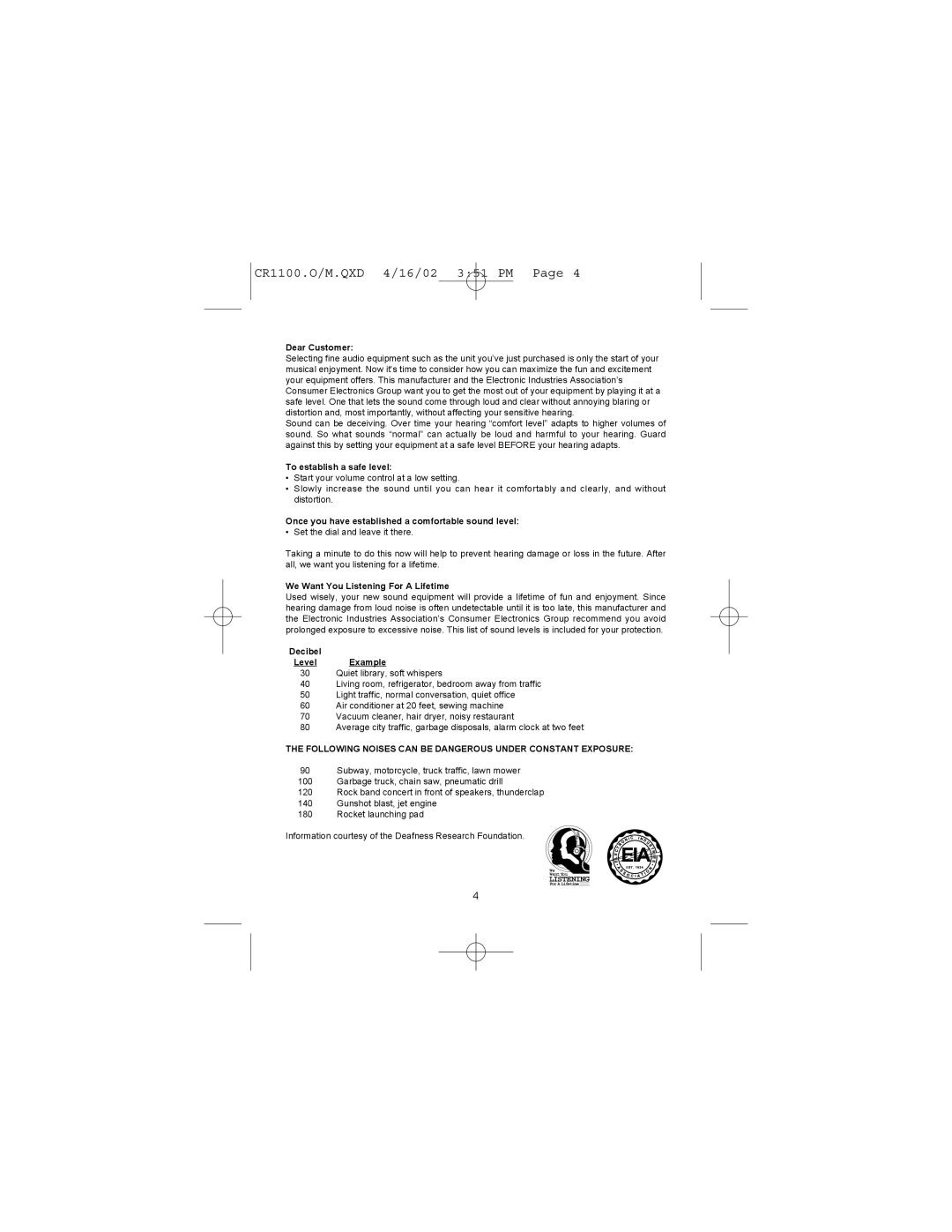 Memorex MSP-CR1100 operating instructions Following Noises can be Dangerous Under Constant Exposur 