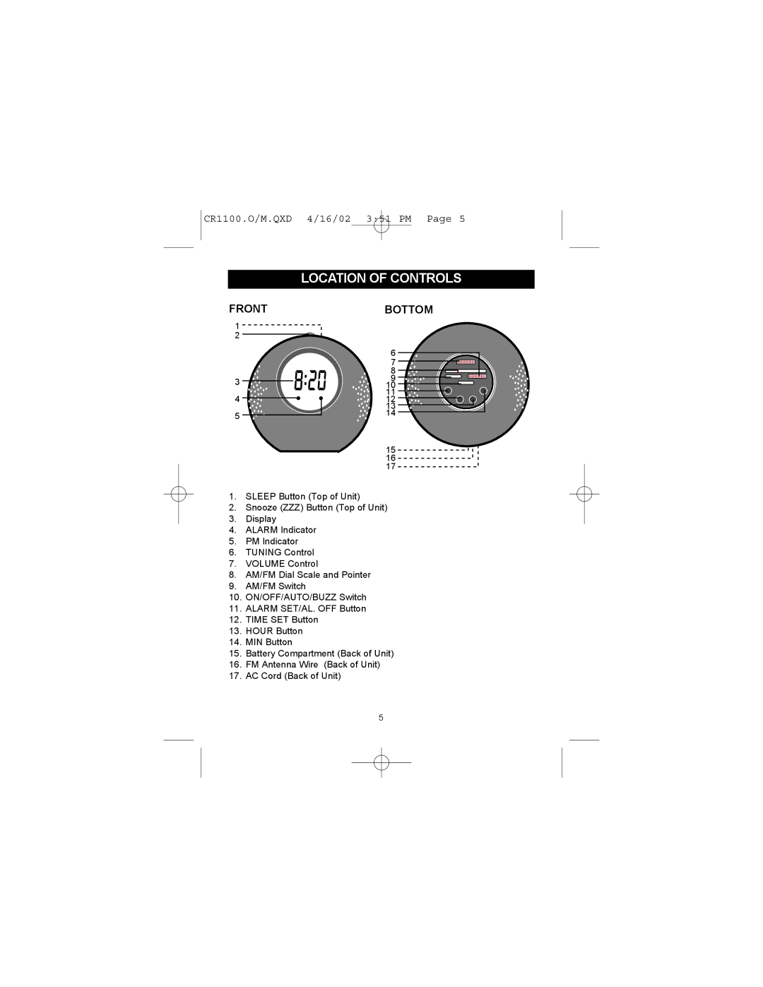 Memorex MSP-CR1100 operating instructions Location of Controls, Front Bottom 