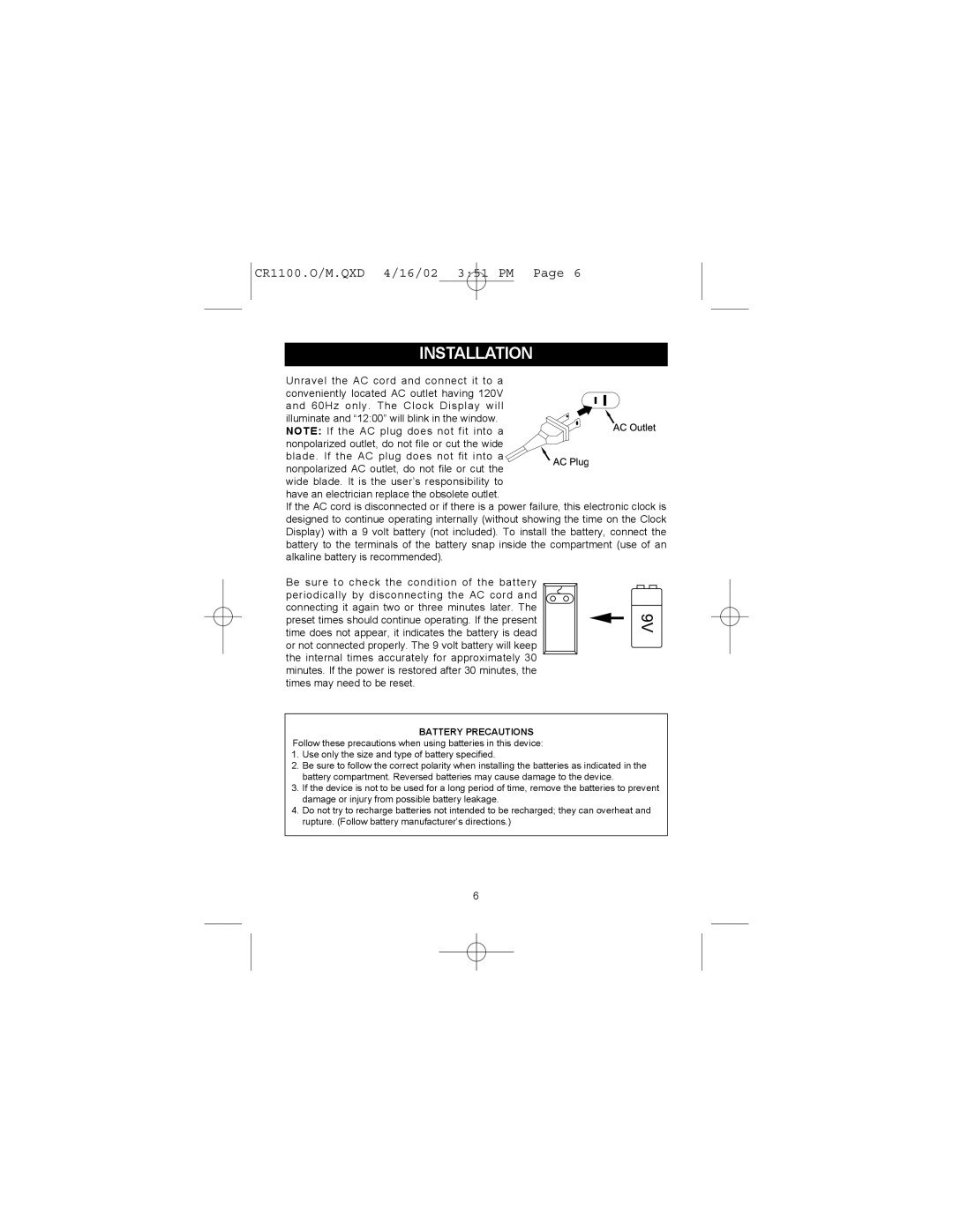 Memorex MSP-CR1100 operating instructions Installation, Battery Precautions 