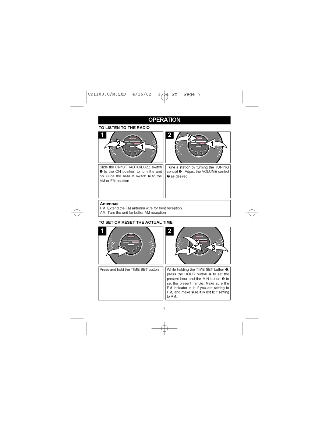 Memorex MSP-CR1100 operating instructions Operation, To Listen to the Radio, To SET or Reset the Actual Time 