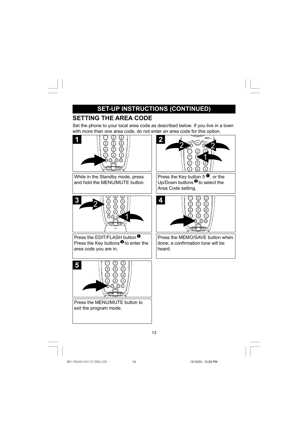 Memorex MSP-PH2400 operating instructions Setting the Area Code 