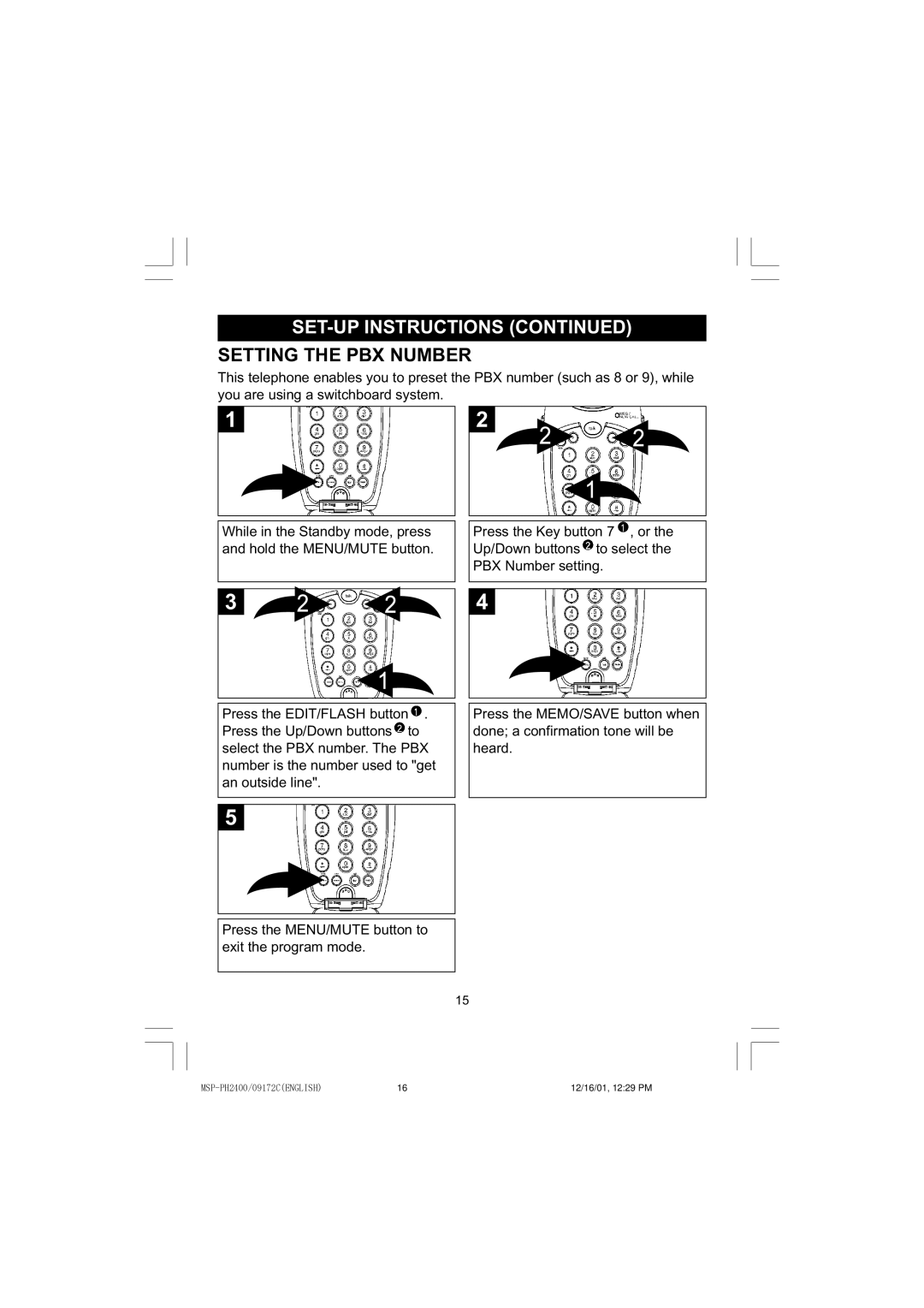 Memorex MSP-PH2400 operating instructions Setting the PBX Number 