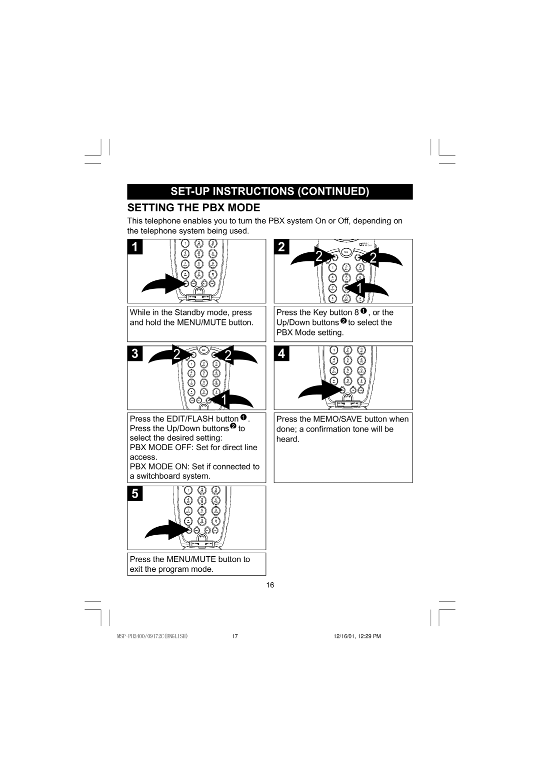 Memorex MSP-PH2400 operating instructions Setting the PBX Mode 