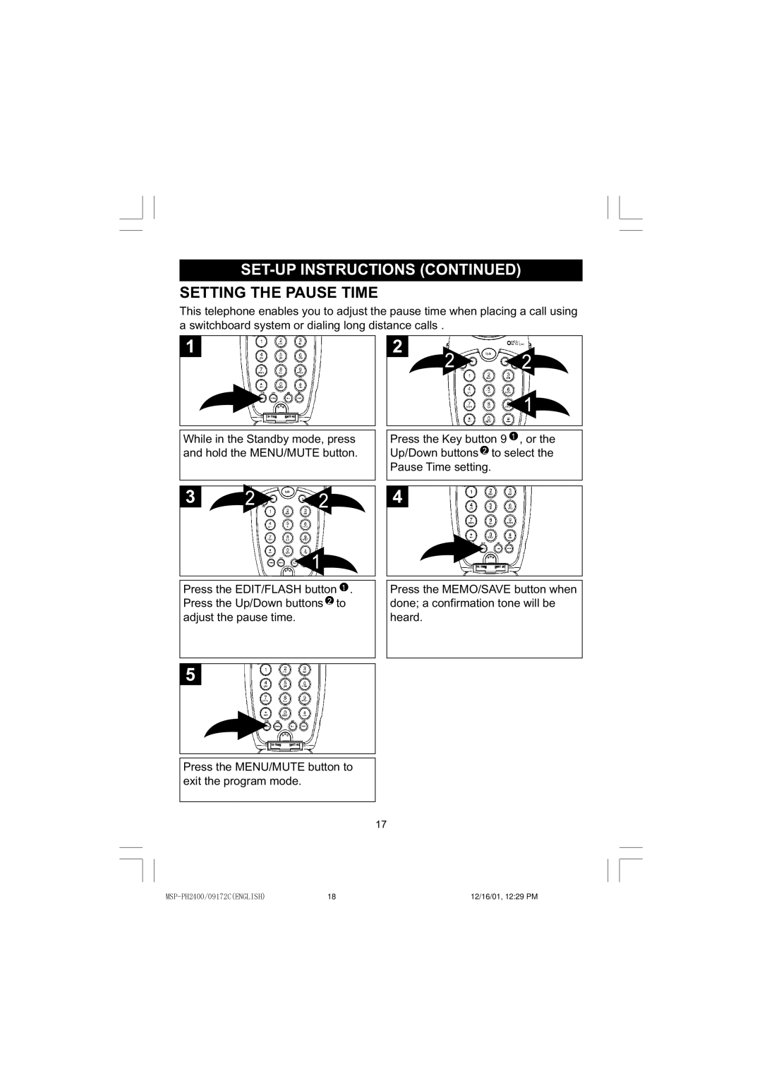 Memorex MSP-PH2400 operating instructions Setting the Pause Time 