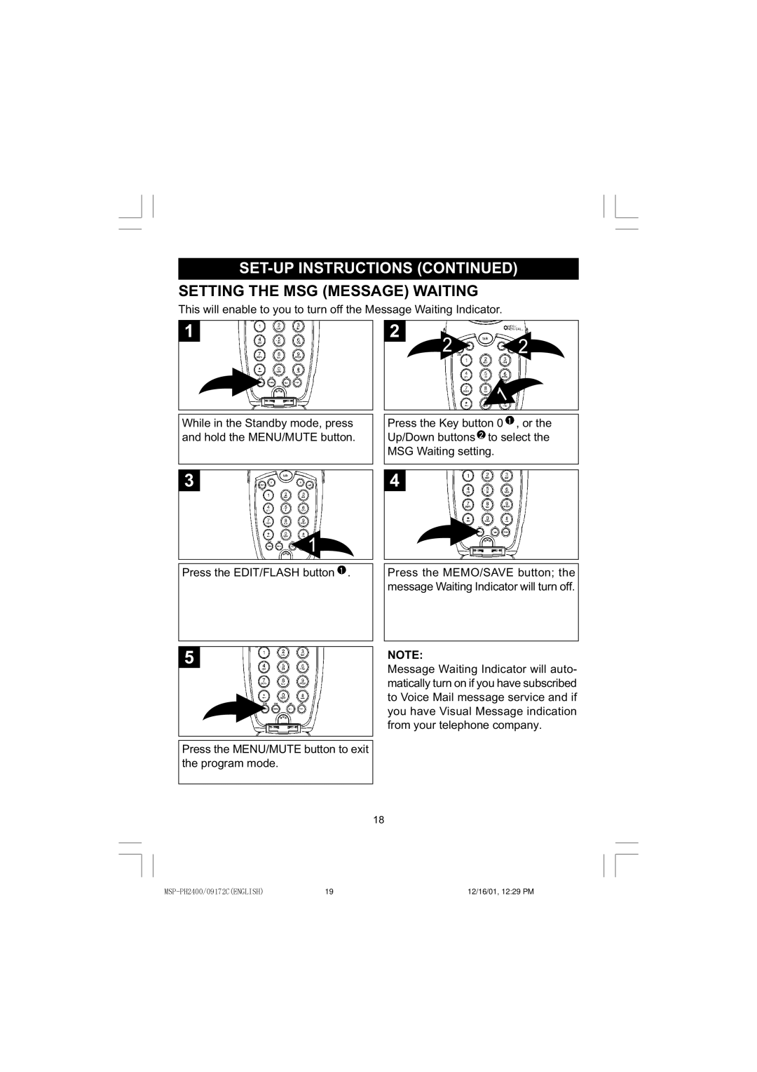 Memorex MSP-PH2400 operating instructions Setting the MSG Message Waiting 