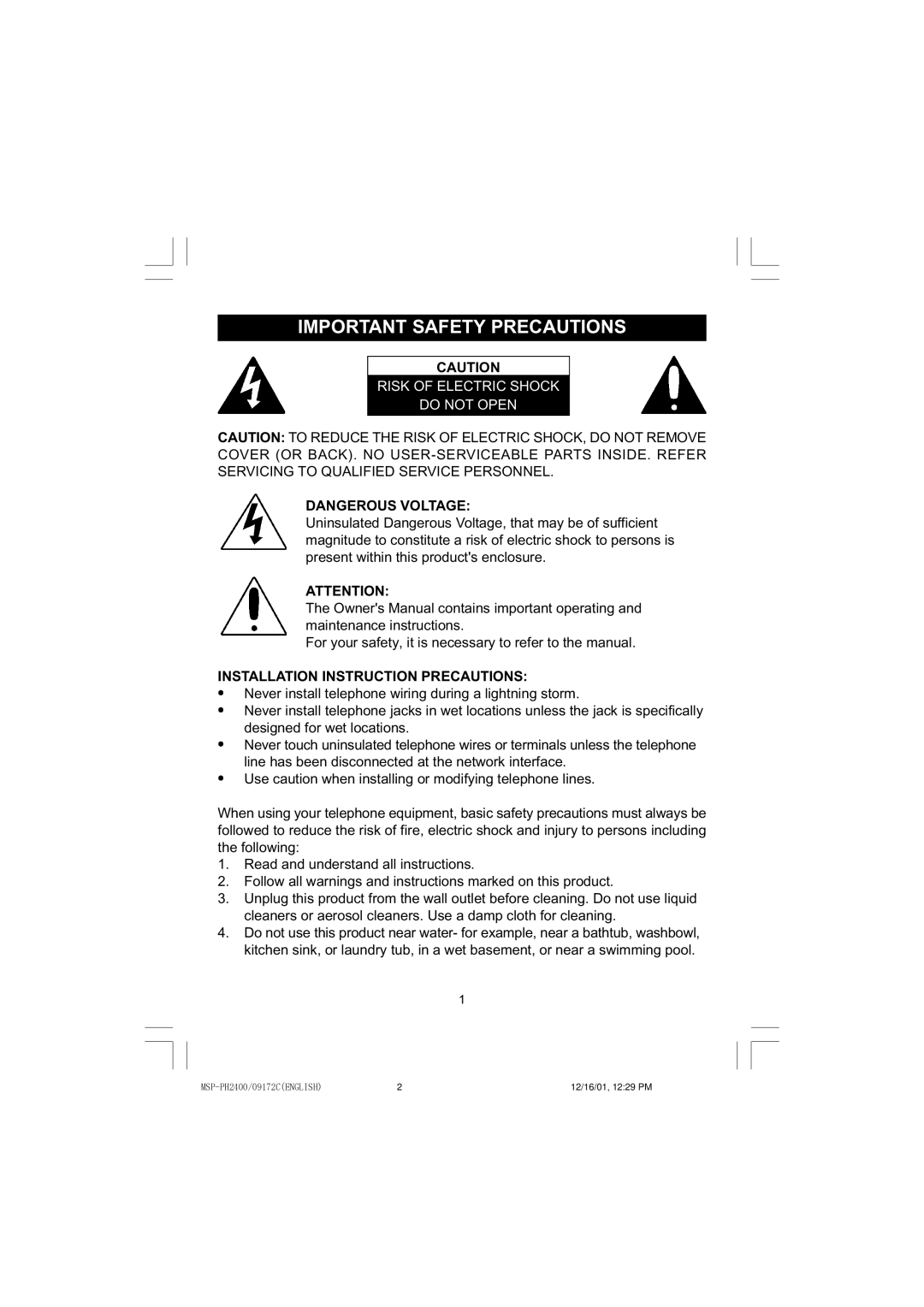 Memorex MSP-PH2400 operating instructions Important Safety Precautions, Risk of Electric Shock Do not Open 