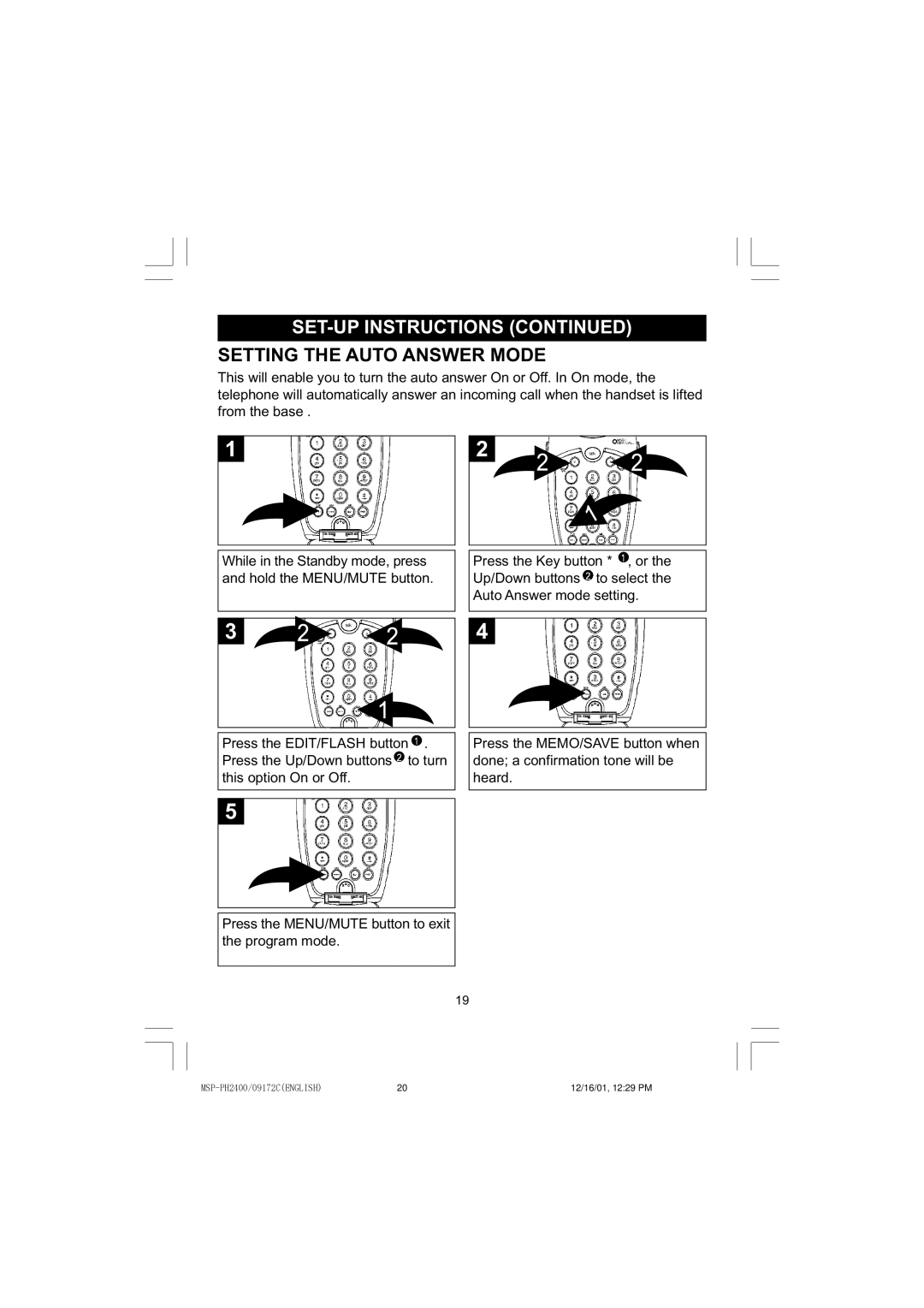 Memorex MSP-PH2400 operating instructions Setting the Auto Answer Mode 