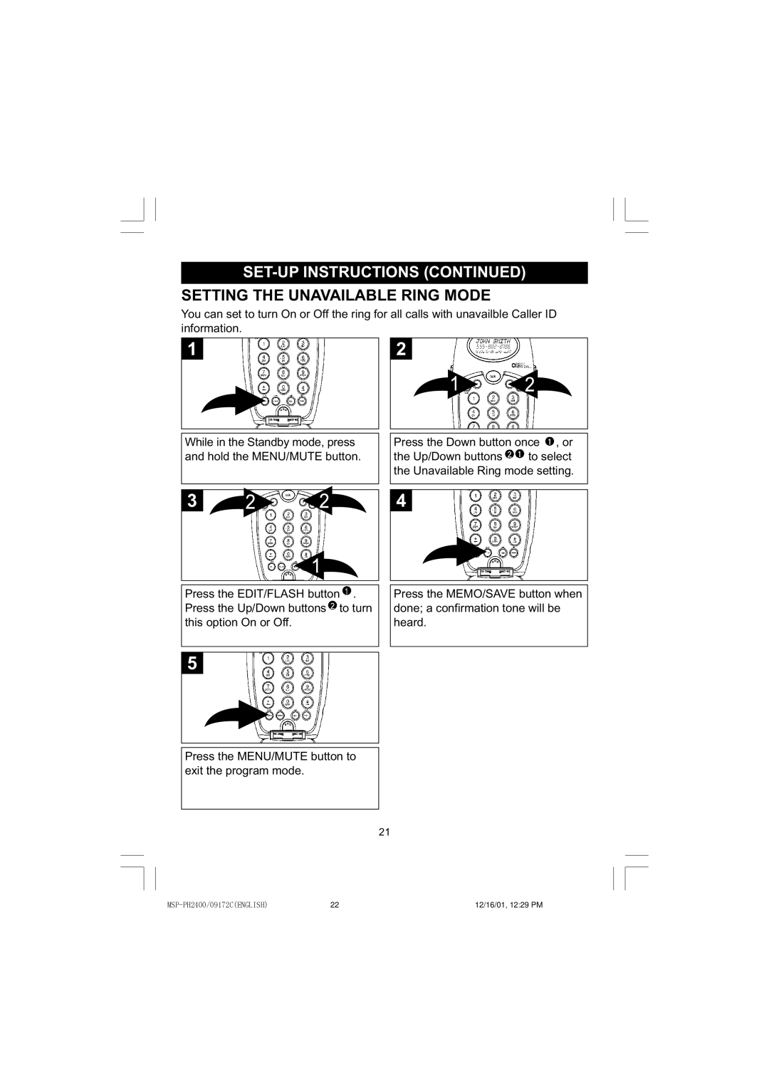 Memorex MSP-PH2400 operating instructions Setting the Unavailable Ring Mode 