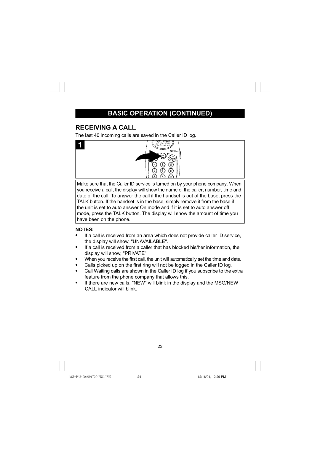 Memorex MSP-PH2400 operating instructions Receiving a Call 