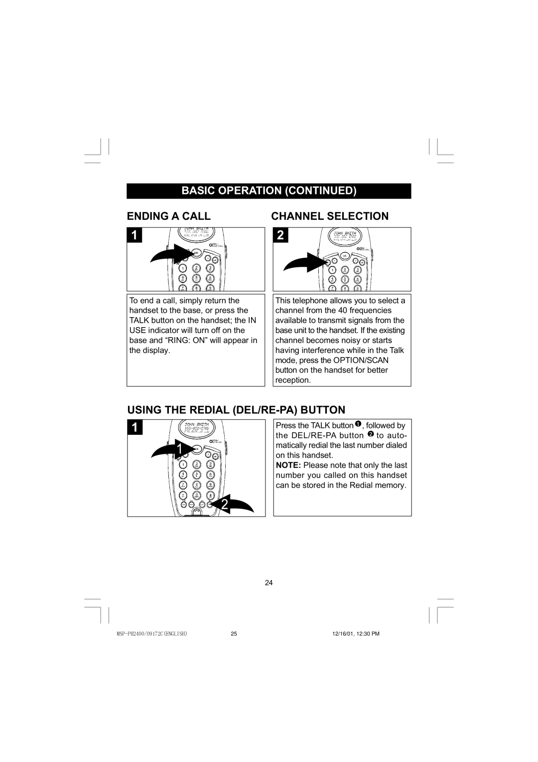 Memorex MSP-PH2400 operating instructions Ending a Call, Using the Redial DEL/RE-PA Button 