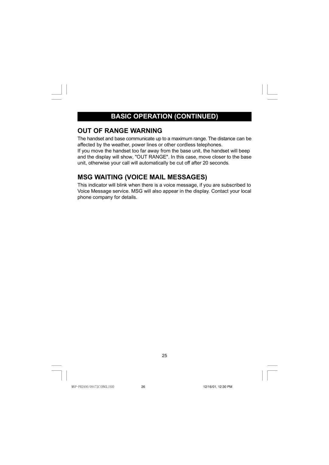 Memorex MSP-PH2400 operating instructions OUT of Range Warning, MSG Waiting Voice Mail Messages 