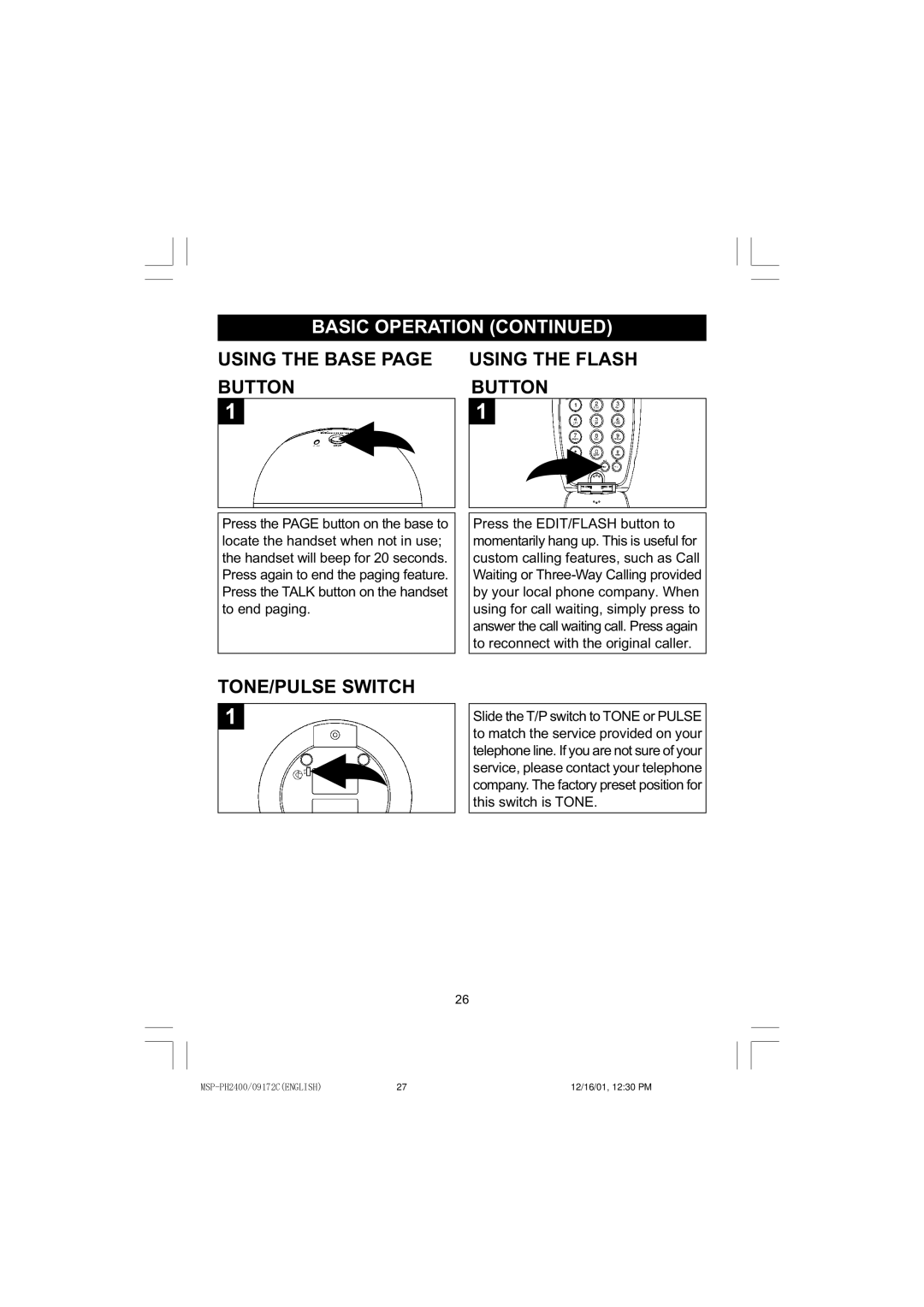 Memorex MSP-PH2400 operating instructions Using the Base page Button Using the Flash, TONE/PULSE Switch 