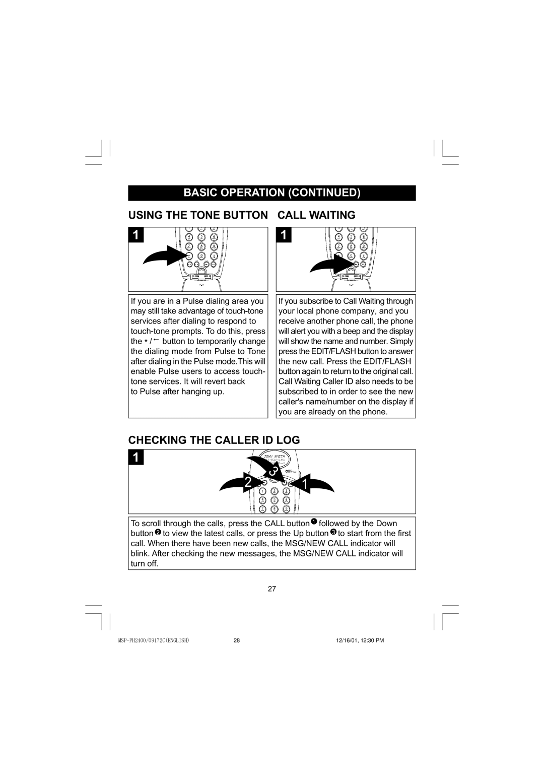 Memorex MSP-PH2400 operating instructions Using the Tone Button Call Waiting, Checking the Caller ID LOG 