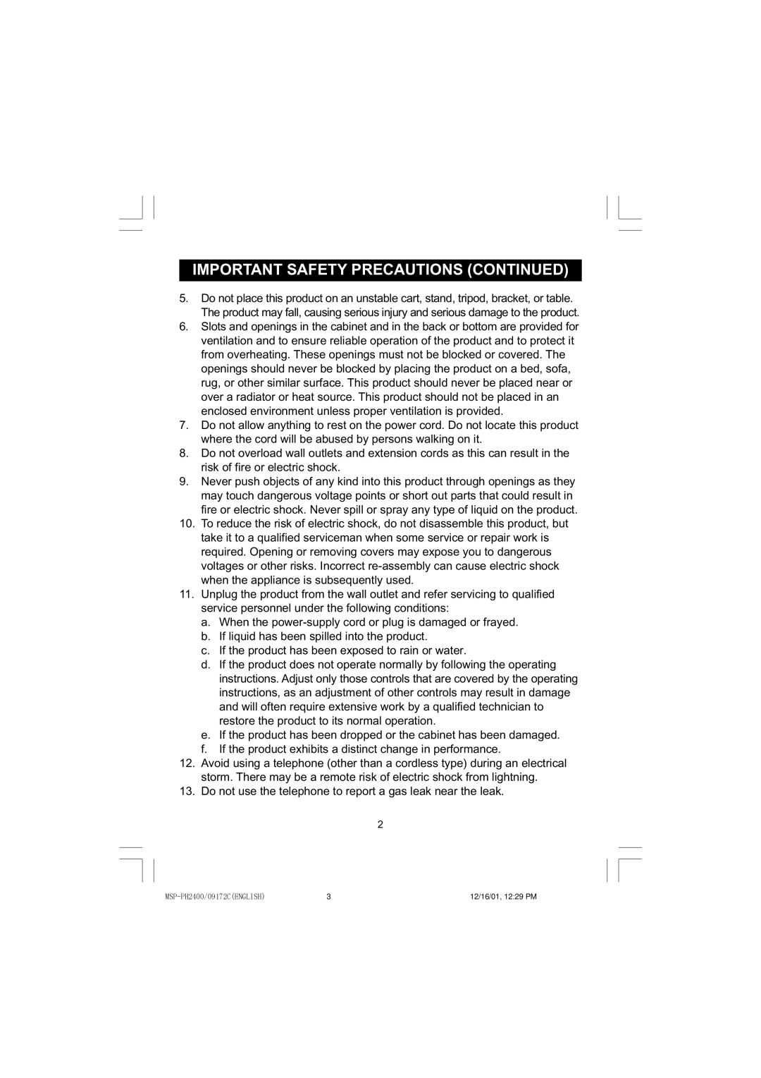 Memorex MSP-PH2400 operating instructions Do not use the telephone to report a gas leak near the leak 