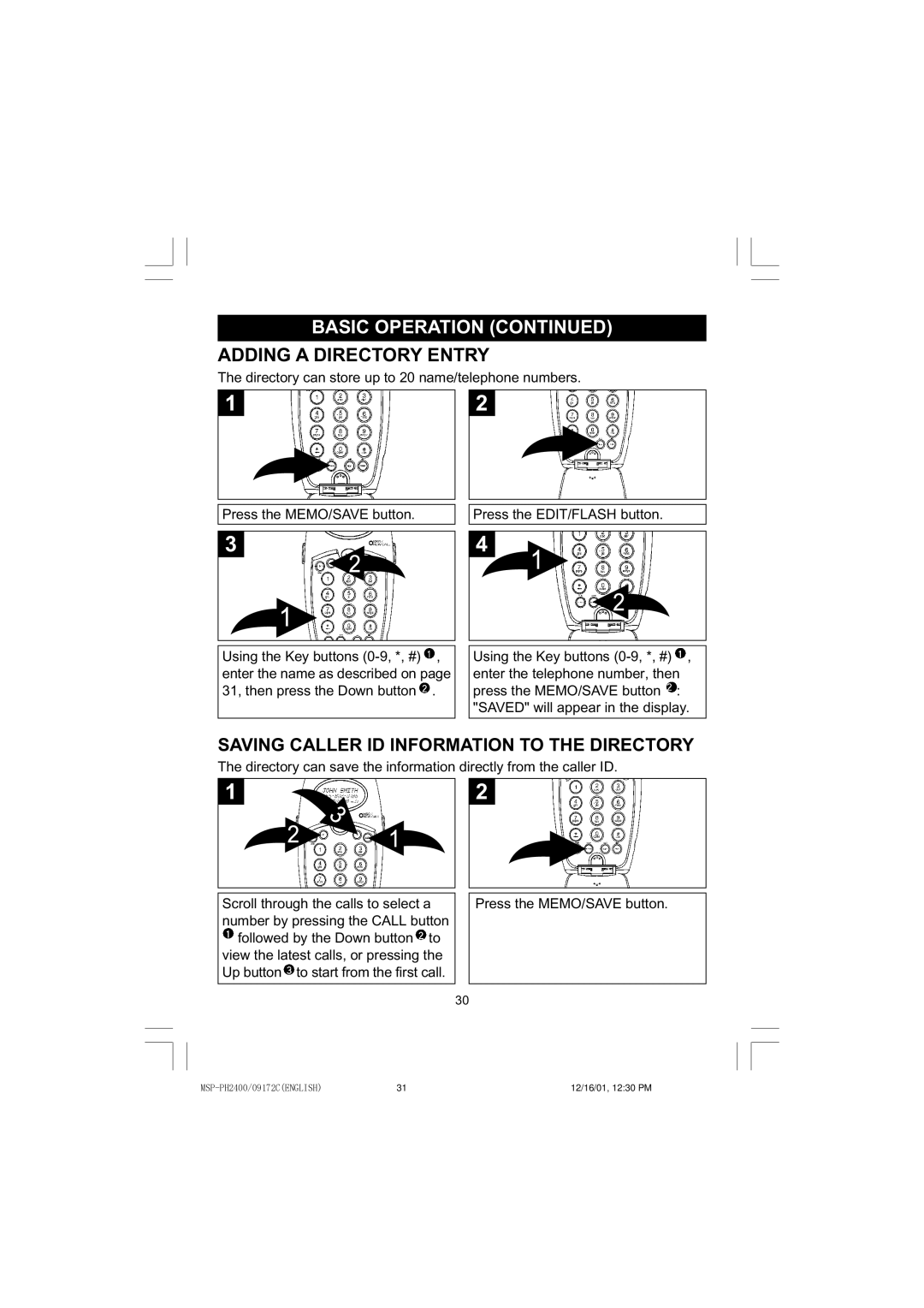 Memorex MSP-PH2400 operating instructions Adding a Directory Entry, Saving Caller ID Information to the Directory 