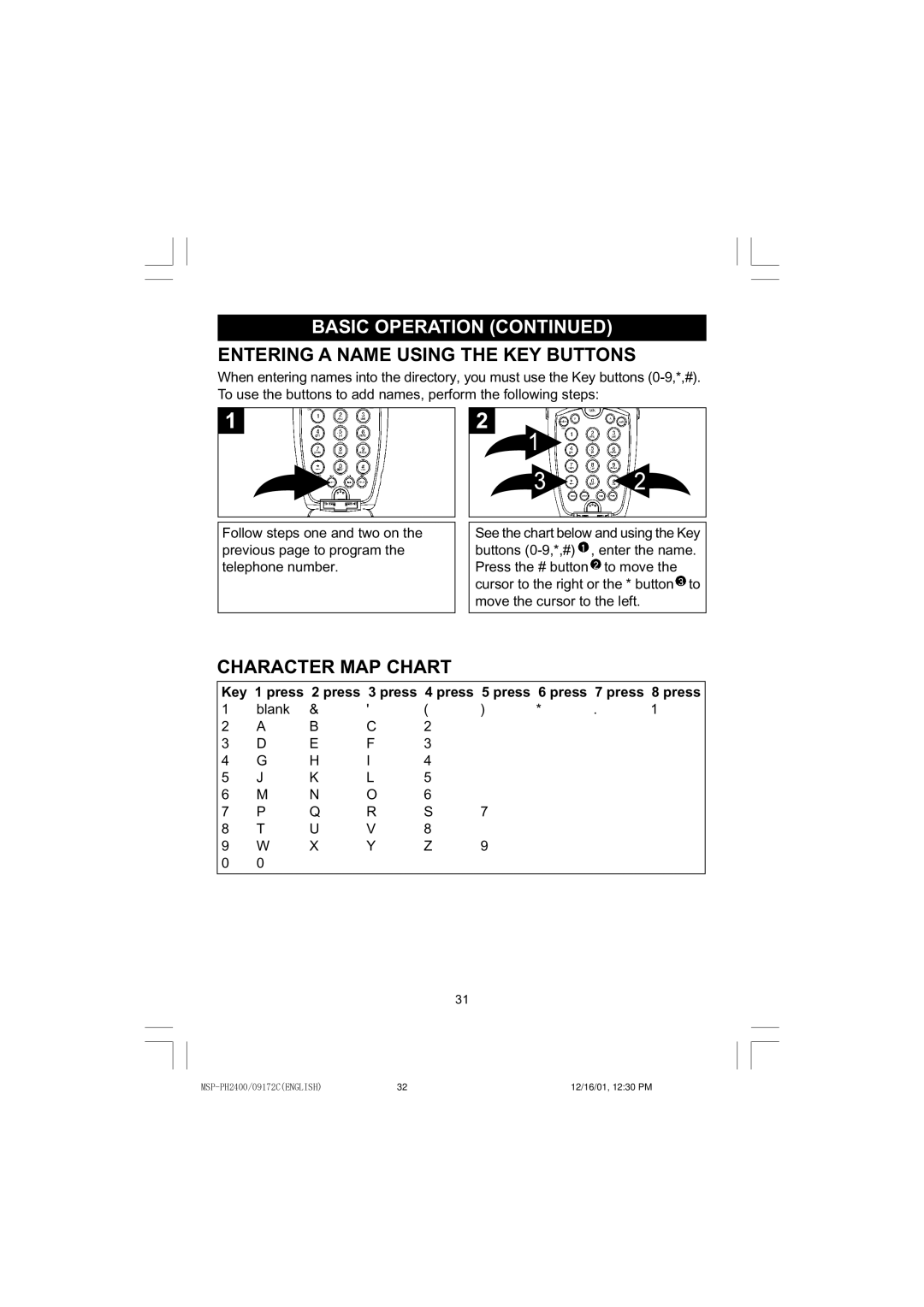 Memorex MSP-PH2400 operating instructions Entering a Name Using the KEY Buttons, Character MAP Chart 