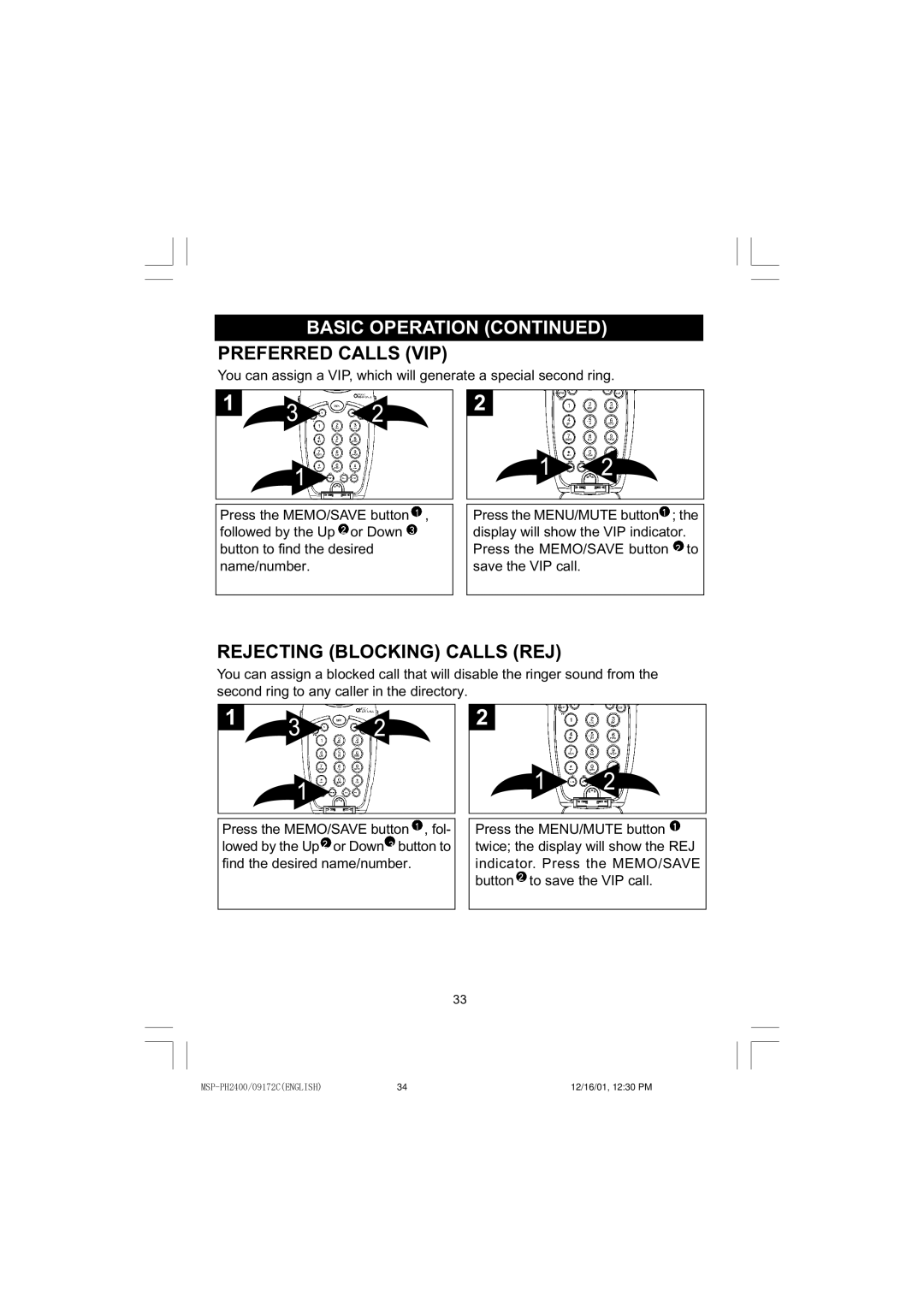 Memorex MSP-PH2400 operating instructions Preferred Calls VIP, Rejecting Blocking Calls REJ 