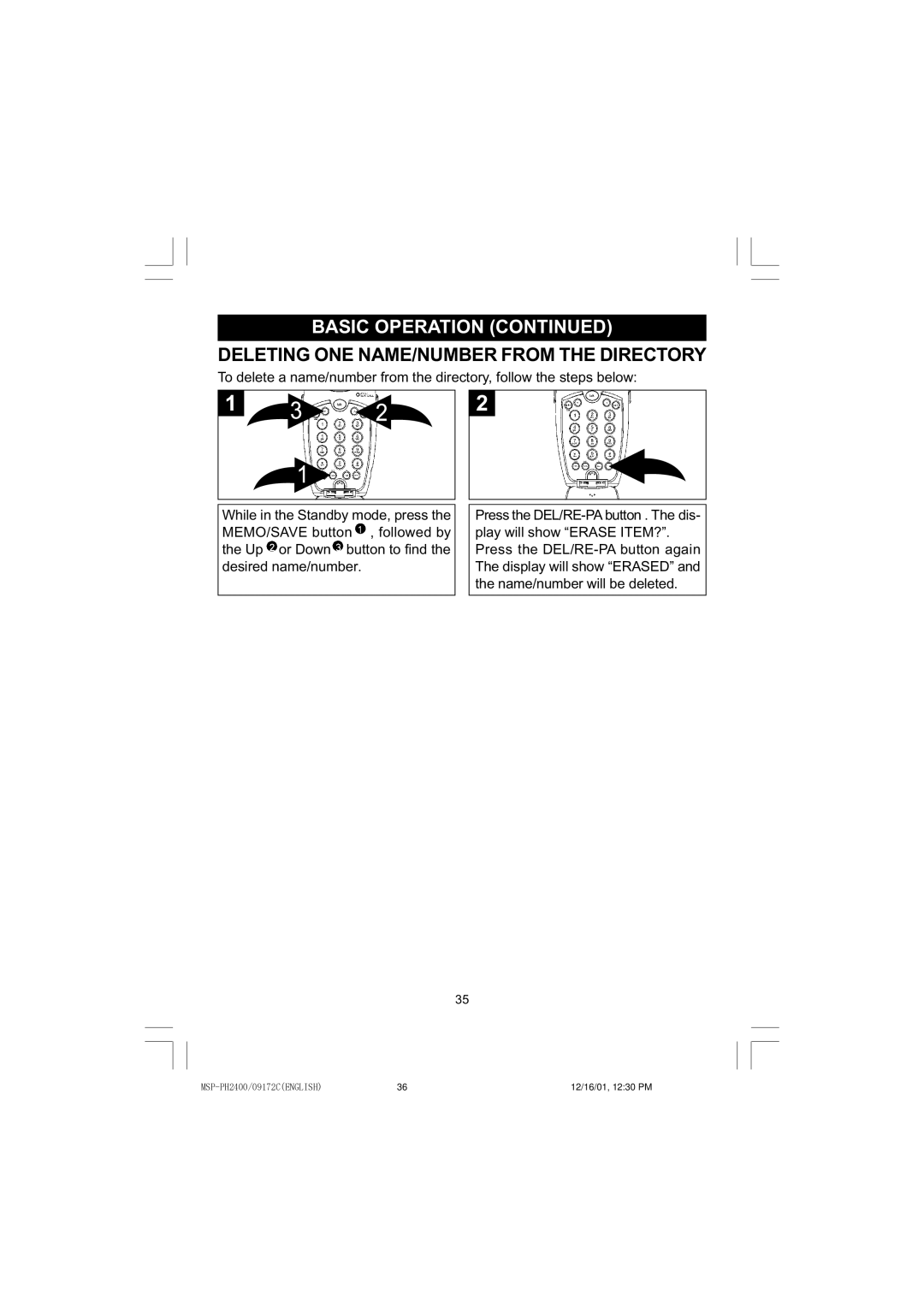 Memorex MSP-PH2400 operating instructions Deleting ONE NAME/NUMBER from the Directory 