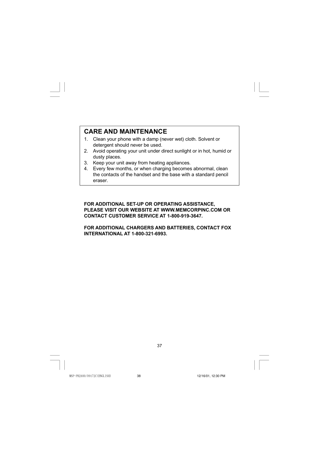 Memorex MSP-PH2400 operating instructions Care and Maintenance 